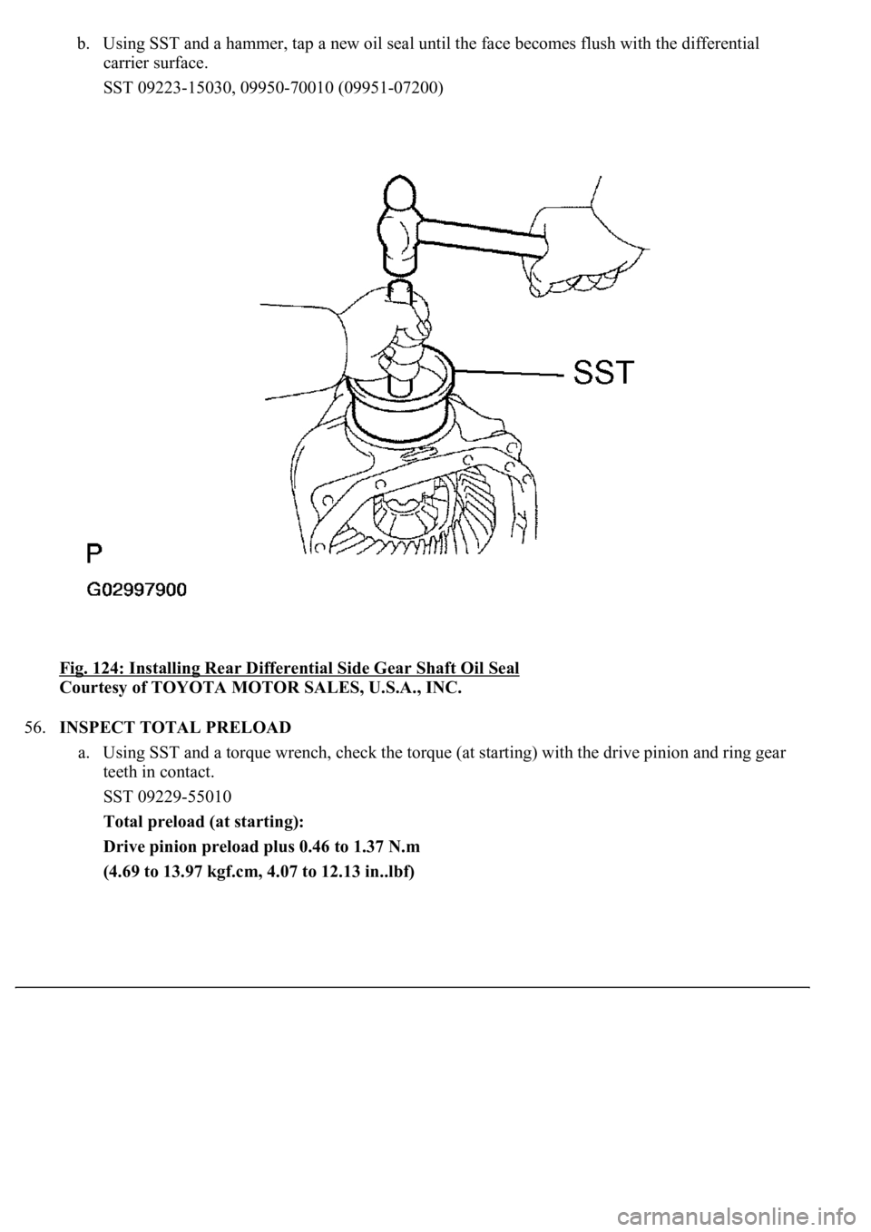 LEXUS LS430 2003  Factory Repair Manual b. Using SST and a hammer, tap a new oil seal until the face becomes flush with the differential 
carrier surface.  
SST 09223-15030, 09950-70010 (09951-07200)  
Fig. 124: Installing Rear Differential