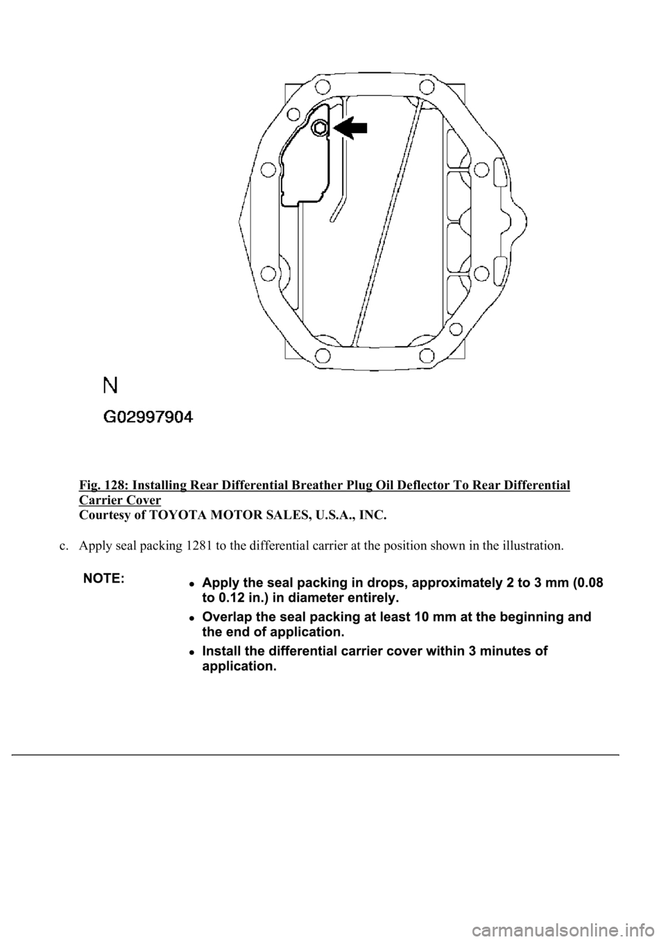 LEXUS LS430 2003  Factory Repair Manual Fig. 128: Installing Rear Differential Breather Plug Oil Deflector To Rear Differential 
Carrier Cover 
Courtesy of TOYOTA MOTOR SALES, U.S.A., INC. 
c. Apply seal packing 1281 to the differential car