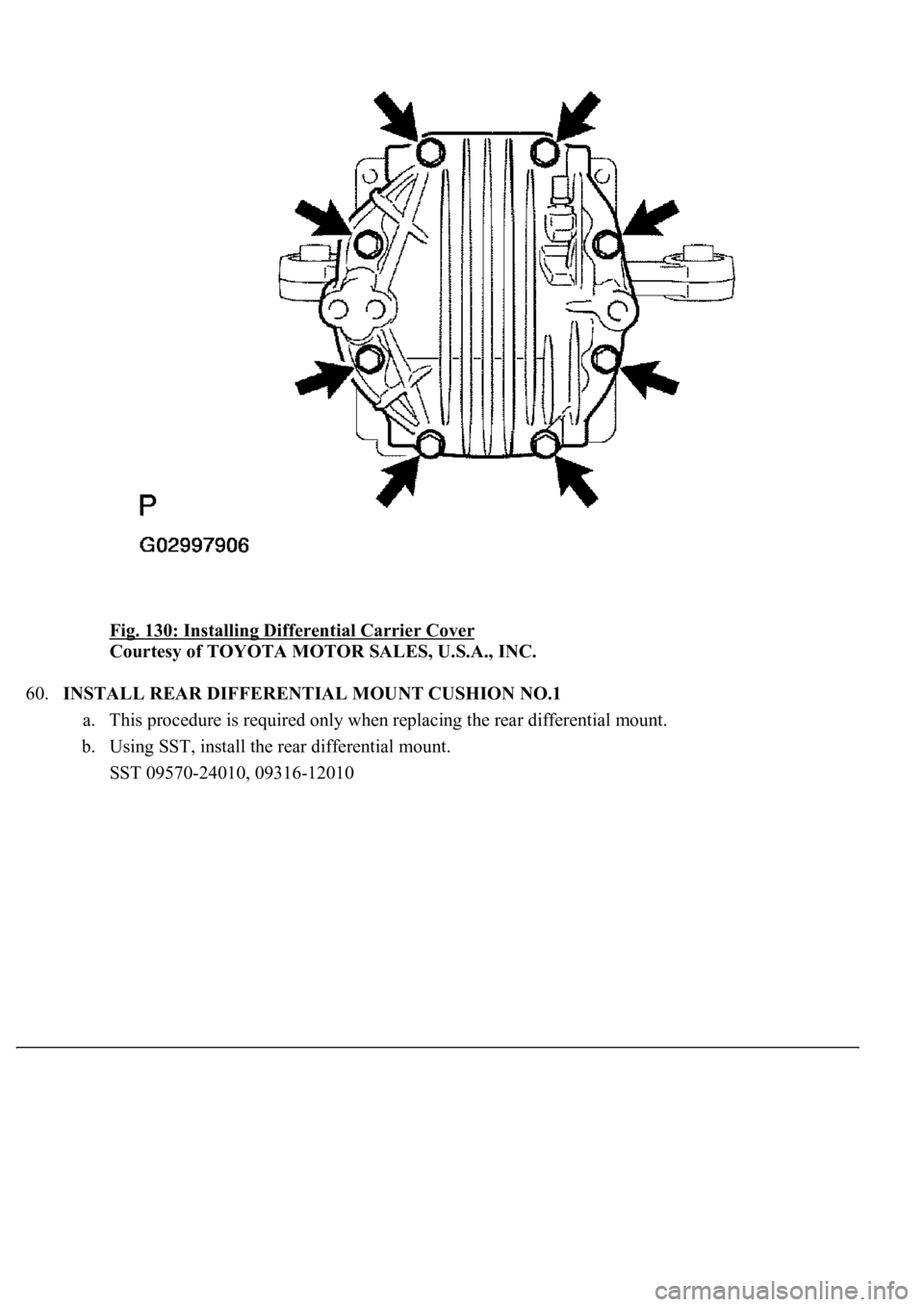 LEXUS LS430 2003  Factory Repair Manual Fig. 130: Installing Differential Carrier Cover 
Courtesy of TOYOTA MOTOR SALES, U.S.A., INC. 
60.INSTALL REAR DIFFERENTIAL MOUNT CUSHION NO.1 
a. This procedure is required only when replacing the re