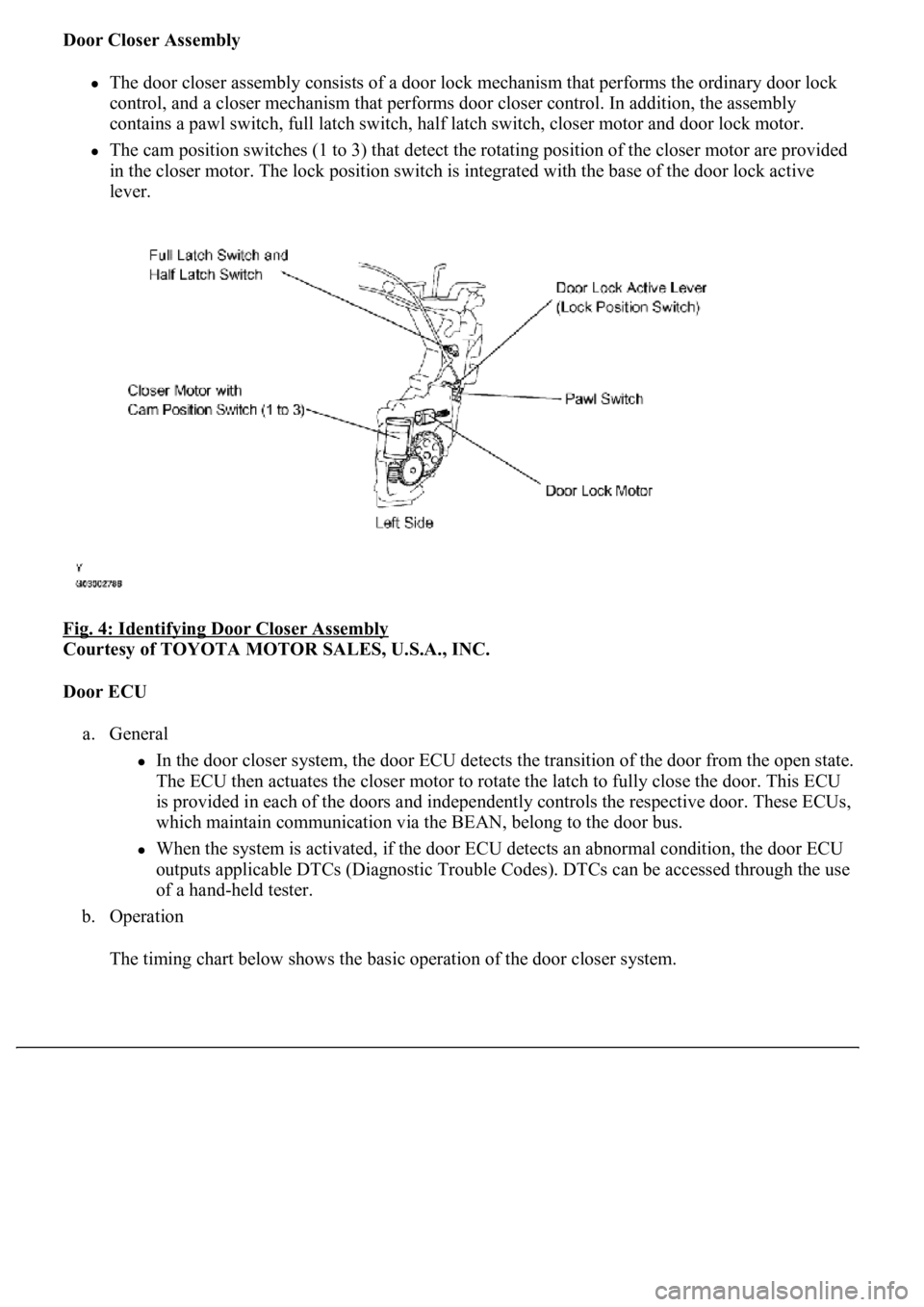 LEXUS LS430 2003 Factory Repair Manual Door Closer Assembly
The door closer assembly consists of a door lock mechanism that performs the ordinary door lock
control, and a closer mechanism that performs door closer control. In addition, LEXUS LS430 2003 Factory Repair Manual Door Closer Assembly
The door closer assembly consists of a door lock mechanism that performs the ordinary door lock
control, and a closer mechanism that performs door closer control. In addition,