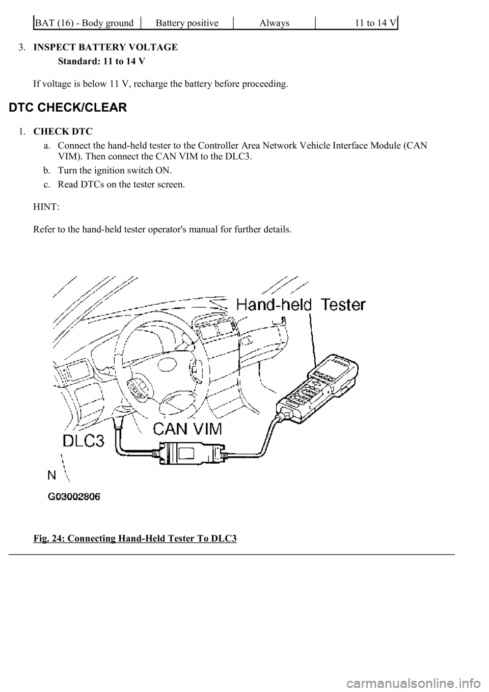 LEXUS LS430 2003  Factory Repair Manual 3.INSPECT BATTERY VOLTAGE 
Standard: 11 to 14 V  
If voltage is below 11 V, recharge the battery before proceeding. 
1.CHECK DTC 
a. Connect the hand-held tester to the Controller Area Network Vehicle
