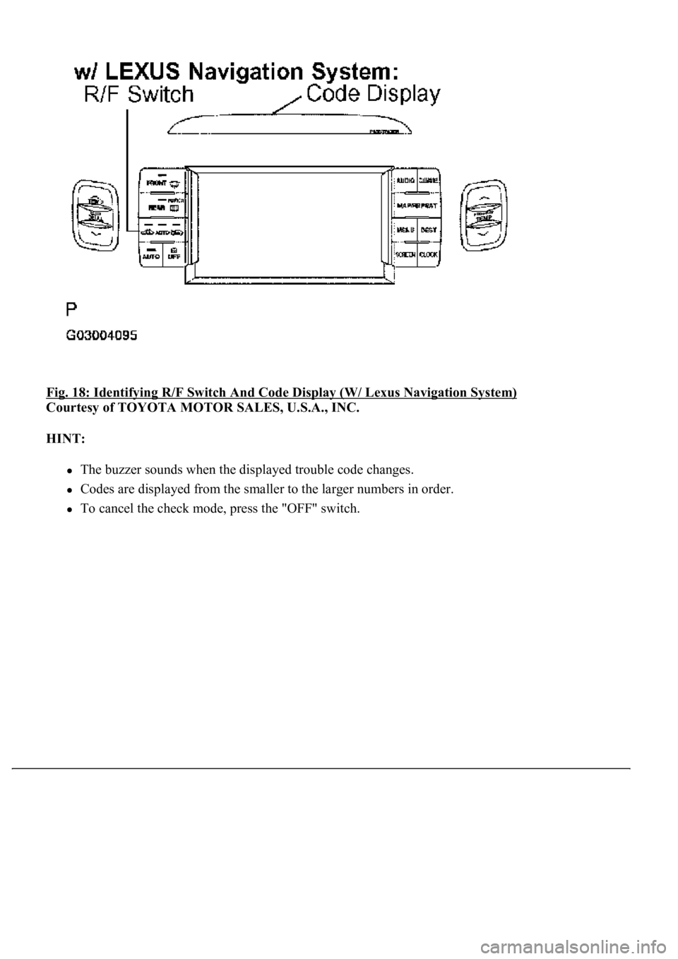 LEXUS LS430 2003 Factory Repair Manual Fig. 18: Identifying R/F Switch And Code Display (W/ Lexus Navigation System)
Courtesy of TOYOTA MOTOR SALES, U.S.A., INC.
HINT:
<0037004b0048000300450058005d005d0048005500030056005200580051004700 LEXUS LS430 2003 Factory Repair Manual Fig. 18: Identifying R/F Switch And Code Display (W/ Lexus Navigation System)
Courtesy of TOYOTA MOTOR SALES, U.S.A., INC.
HINT:
<0037004b0048000300450058005d005d0048005500030056005200580051004700
