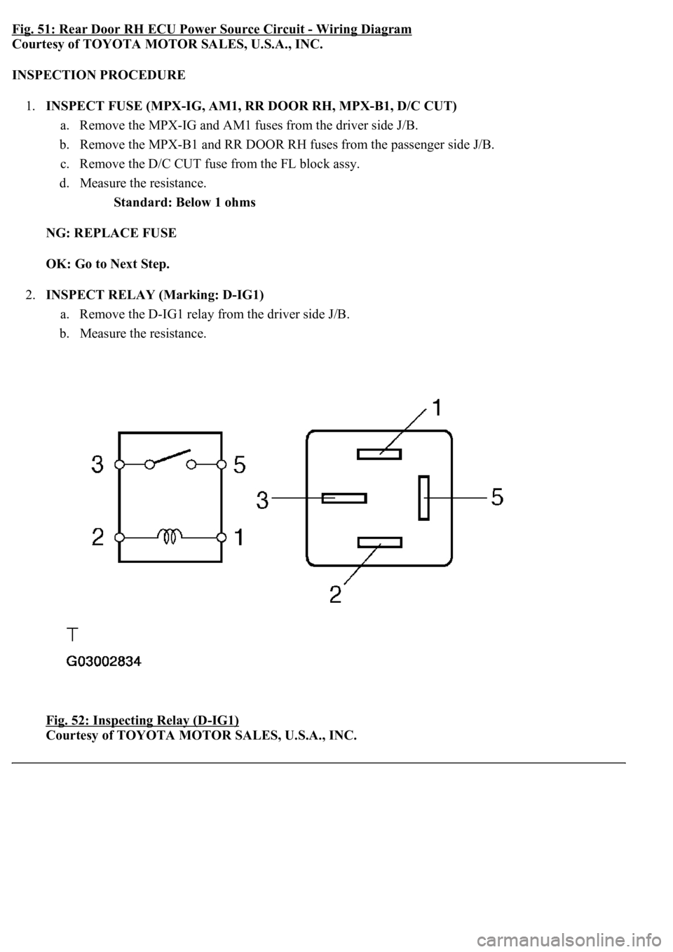 LEXUS LS430 2003  Factory Repair Manual Fig. 51: Rear Door RH ECU Power Source Circuit -Wiring Diagram
Courtesy of TOYOTA MOTOR SALES, U.S.A., INC. 
INSPECTION PROCEDURE 
1.INSPECT FUSE (MPX-IG, AM1, RR DOOR RH, MPX-B1, D/C CUT) 
a. Remove 
