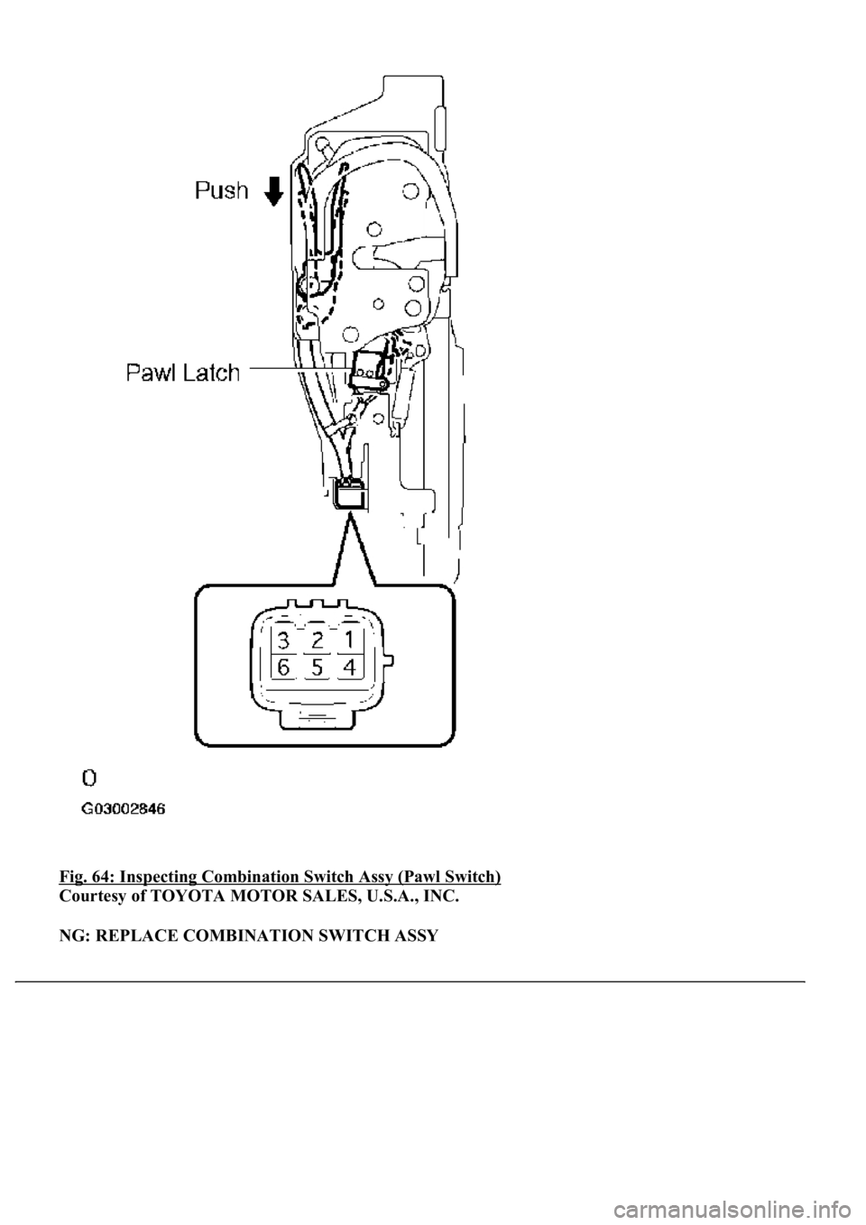 LEXUS LS430 2003  Factory Repair Manual Fig. 64: Inspecting Combination Switch Assy (Pawl Switch) 
Courtesy of TOYOTA MOTOR SALES, U.S.A., INC. 
NG: REPLACE COMBINATION SWITCH ASSY 