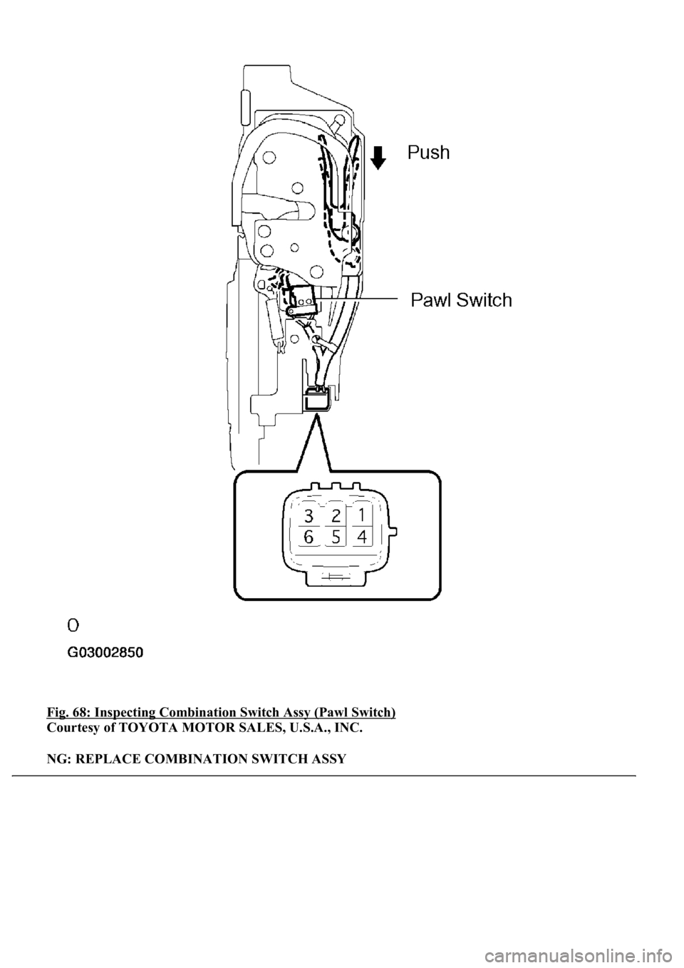LEXUS LS430 2003  Factory Repair Manual Fig. 68: Inspecting Combination Switch Assy (Pawl Switch) 
Courtesy of TOYOTA MOTOR SALES, U.S.A., INC. 
NG: REPLACE COMBINATION SWITCH ASSY 