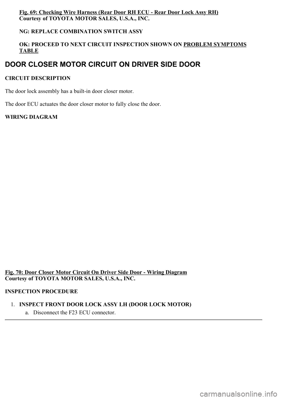 LEXUS LS430 2003  Factory Repair Manual Fig. 69: Checking Wire Harness (Rear Door RH ECU -Rear Door Lock Assy RH) 
Courtesy of TOYOTA MOTOR SALES, U.S.A., INC. 
NG: REPLACE COMBINATION SWITCH ASSY  
OK: PROCEED TO NEXT CIRCUIT INSPECTION SH