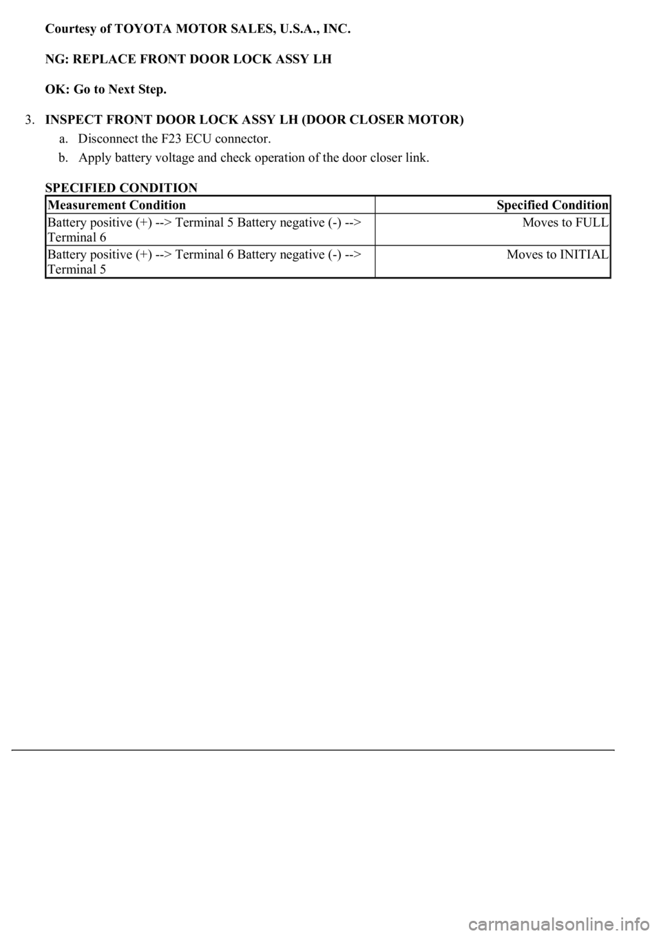 LEXUS LS430 2003  Factory Repair Manual Courtesy of TOYOTA MOTOR SALES, U.S.A., INC.
NG: REPLACE FRONT DOOR LOCK ASSY LH  
OK: Go to Next Step.  
3.INSPECT FRONT DOOR LOCK ASSY LH (DOOR CLOSER MOTOR) 
a. Disconnect the F23 ECU connector.  
