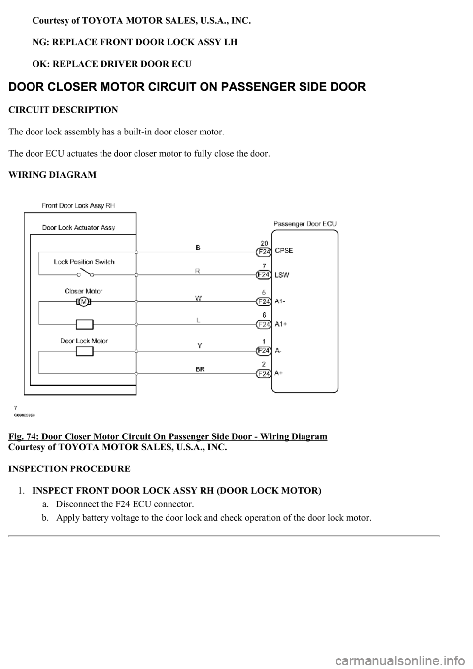 LEXUS LS430 2003  Factory Repair Manual Courtesy of TOYOTA MOTOR SALES, U.S.A., INC.
NG: REPLACE FRONT DOOR LOCK ASSY LH  
OK: REPLACE DRIVER DOOR ECU  
CIRCUIT DESCRIPTION 
The door lock assembly has a built-in door closer motor. 
The door