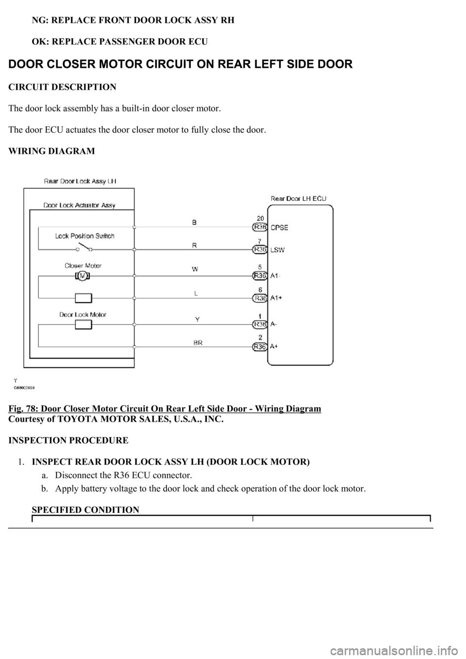 LEXUS LS430 2003  Factory Repair Manual NG: REPLACE FRONT DOOR LOCK ASSY RH
OK: REPLACE PASSENGER DOOR ECU  
CIRCUIT DESCRIPTION 
The door lock assembly has a built-in door closer motor. 
The door ECU actuates the door closer motor to fully
