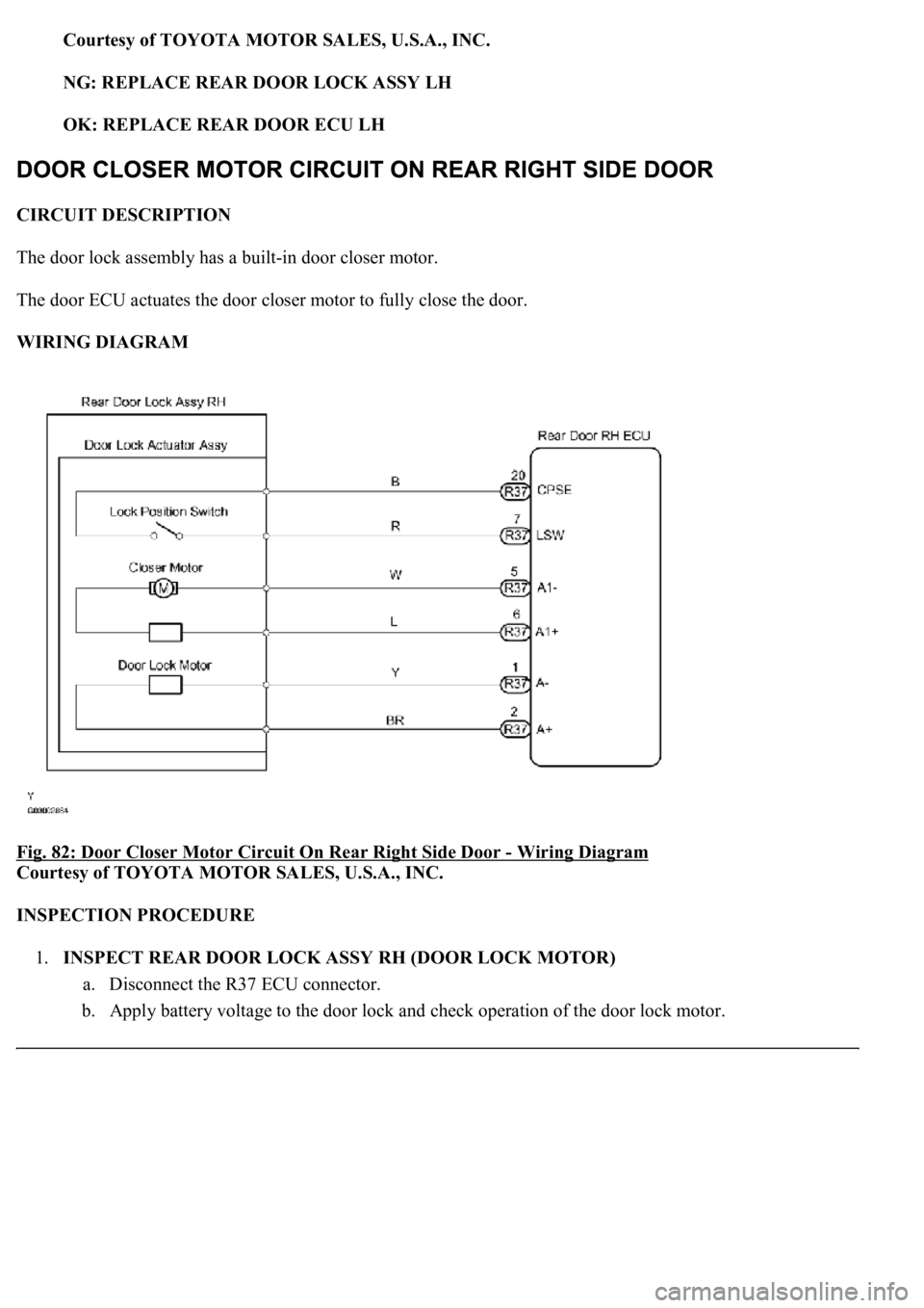 LEXUS LS430 2003  Factory Repair Manual Courtesy of TOYOTA MOTOR SALES, U.S.A., INC.
NG: REPLACE REAR DOOR LOCK ASSY LH  
OK: REPLACE REAR DOOR ECU LH  
CIRCUIT DESCRIPTION 
The door lock assembly has a built-in door closer motor. 
The door