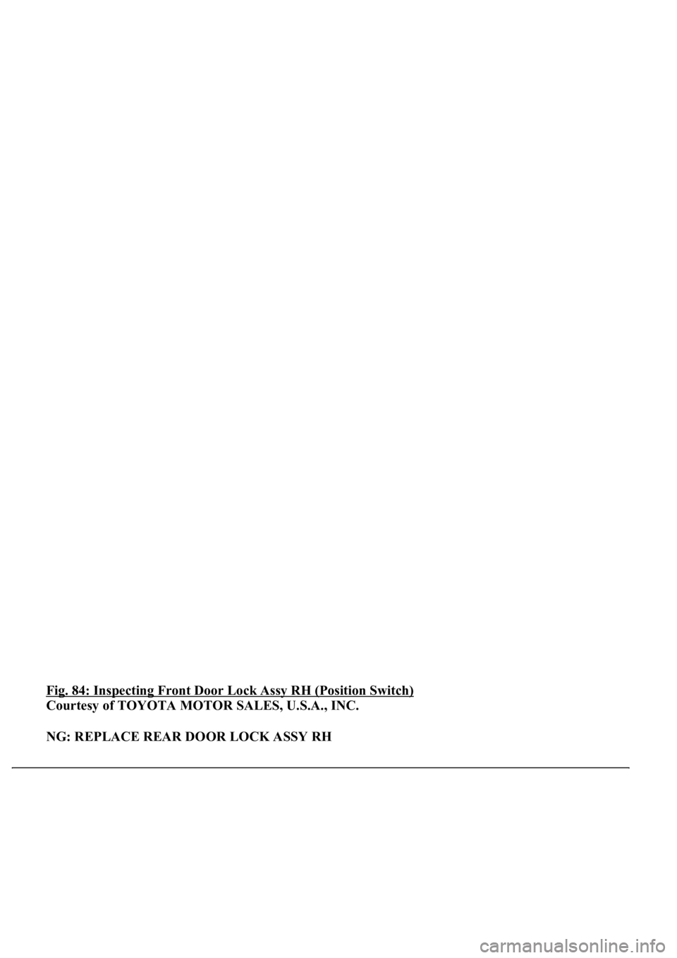 LEXUS LS430 2003  Factory Repair Manual Fig. 84: Inspecting Front Door Lock Assy RH (Position Switch) 
Courtesy of TOYOTA MOTOR SALES, U.S.A., INC. 
NG: REPLACE REAR DOOR LOCK ASSY RH 