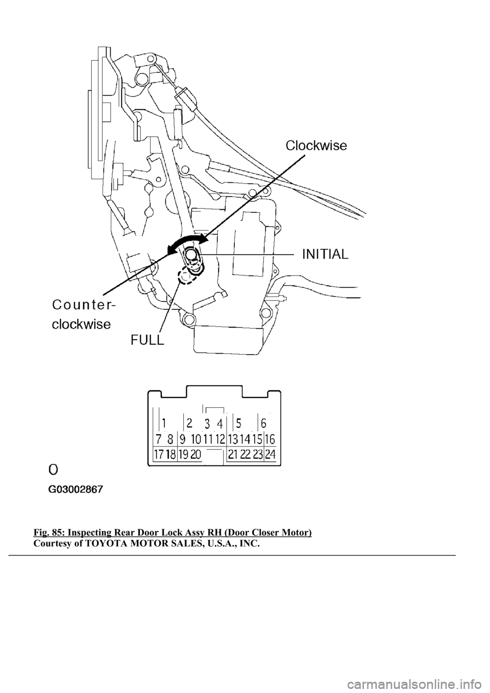 LEXUS LS430 2003  Factory Repair Manual Fig. 85: Inspecting Rear Door Lock Assy RH (Door Closer Motor) 
Courtesy of TOYOTA MOTOR SALES, U.S.A., INC. 
