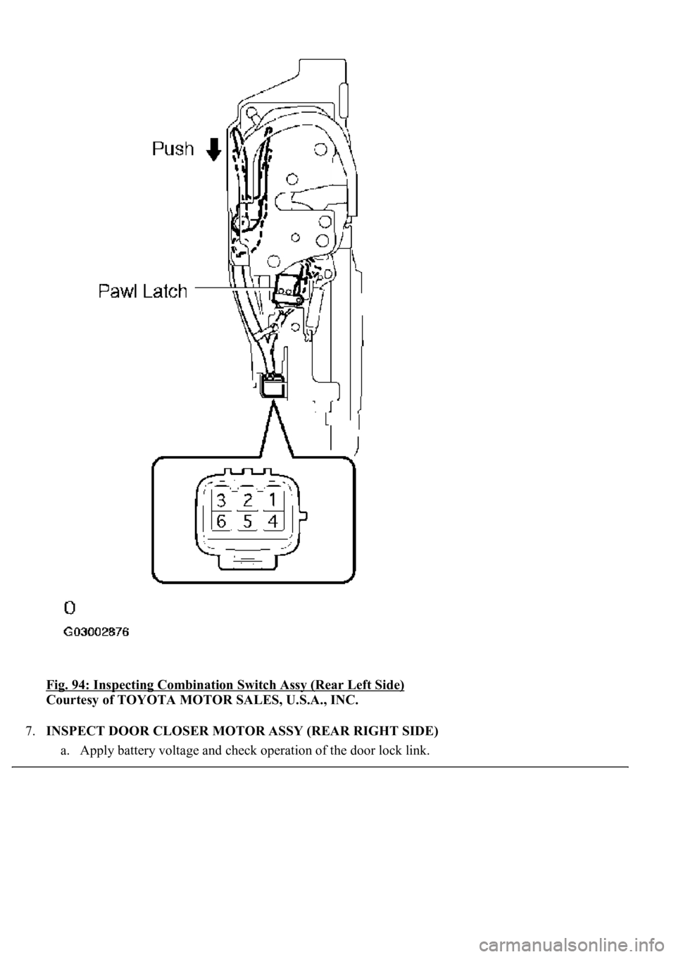 LEXUS LS430 2003  Factory Repair Manual Fig. 94: Inspecting Combination Switch Assy (Rear Left Side) 
Courtesy of TOYOTA MOTOR SALES, U.S.A., INC. 
7.INSPECT DOOR CLOSER MOTOR ASSY (REAR RIGHT SIDE) 
a. Appl
y battery voltage and check oper
