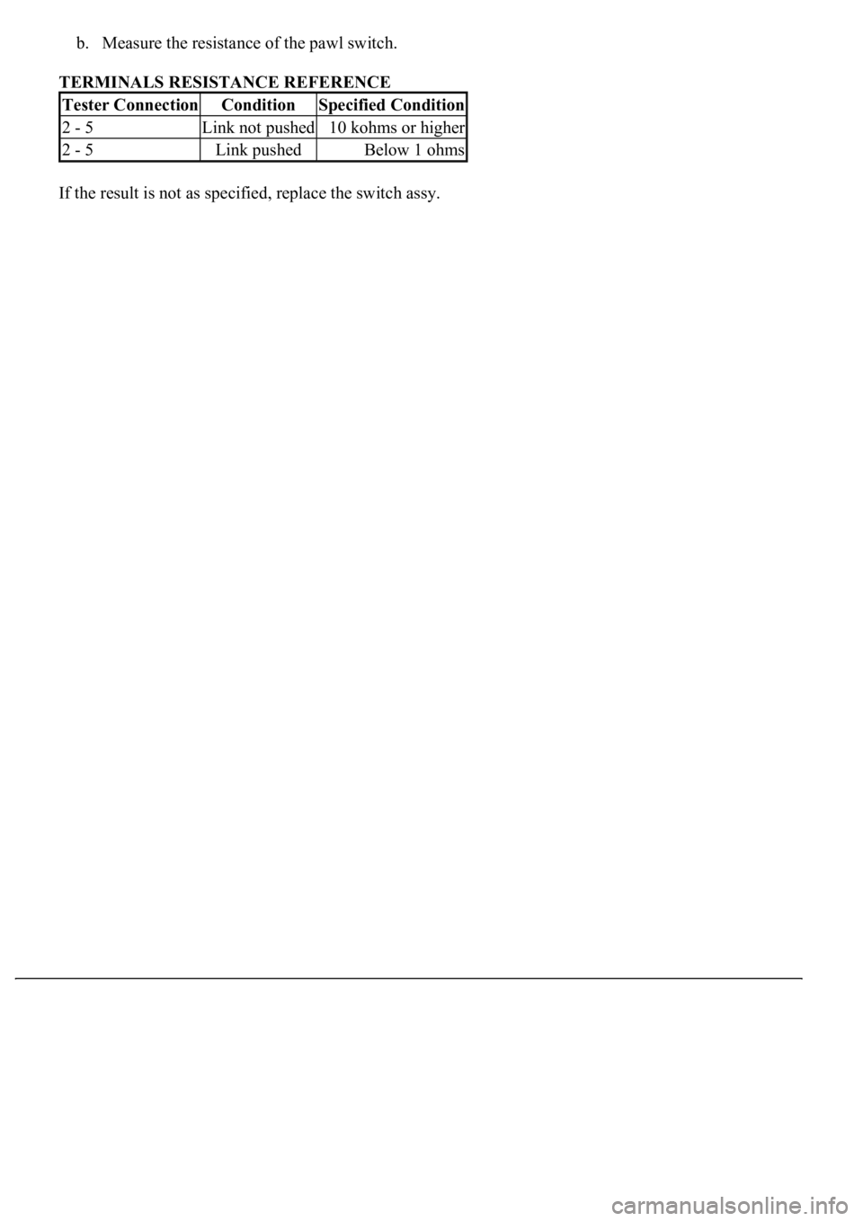 LEXUS LS430 2003  Factory Repair Manual b. Measure the resistance of the pawl switch.  
TERMINALS RESISTANCE REFERENCE 
If the result is not as specified, replace the switch ass
y.
Tester ConnectionConditionSpecified Condition
2 - 5Link not