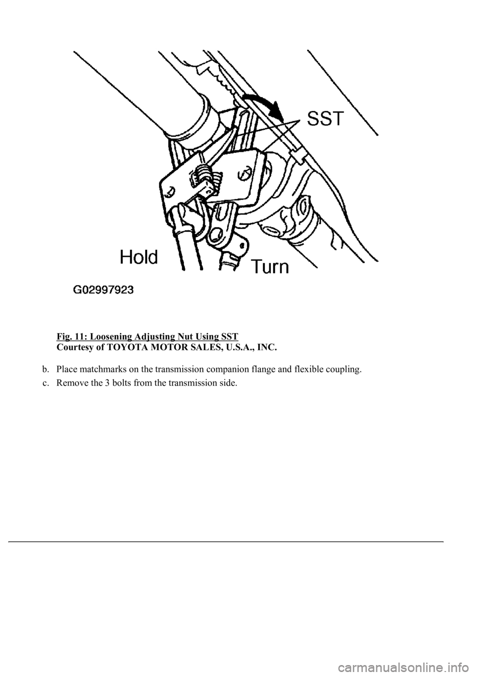 LEXUS LS430 2003  Factory Repair Manual Fig. 11: Loosening Adjusting Nut Using SST 
Courtesy of TOYOTA MOTOR SALES, U.S.A., INC. 
b. Place matchmarks on the transmission companion flange and flexible coupling.  
c. Remove the 3 bolts from t
