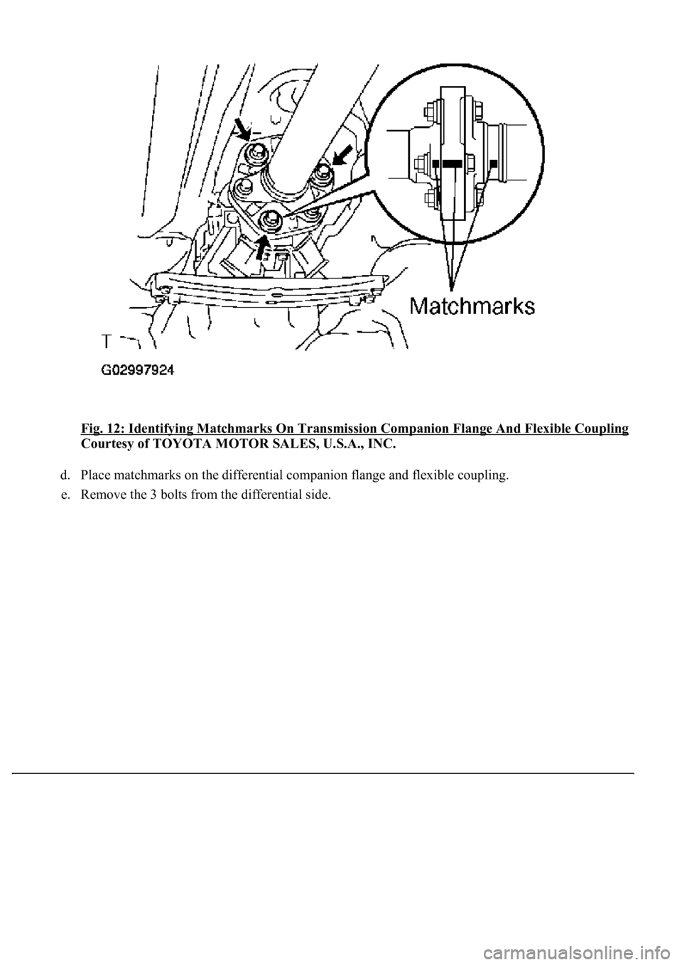 LEXUS LS430 2003  Factory Repair Manual Fig. 12: Identifying Matchmarks On Transmission Companion Flange And Flexible Coupling
Courtesy of TOYOTA MOTOR SALES, U.S.A., INC. 
d. Place matchmarks on the differential companion flange and flexib