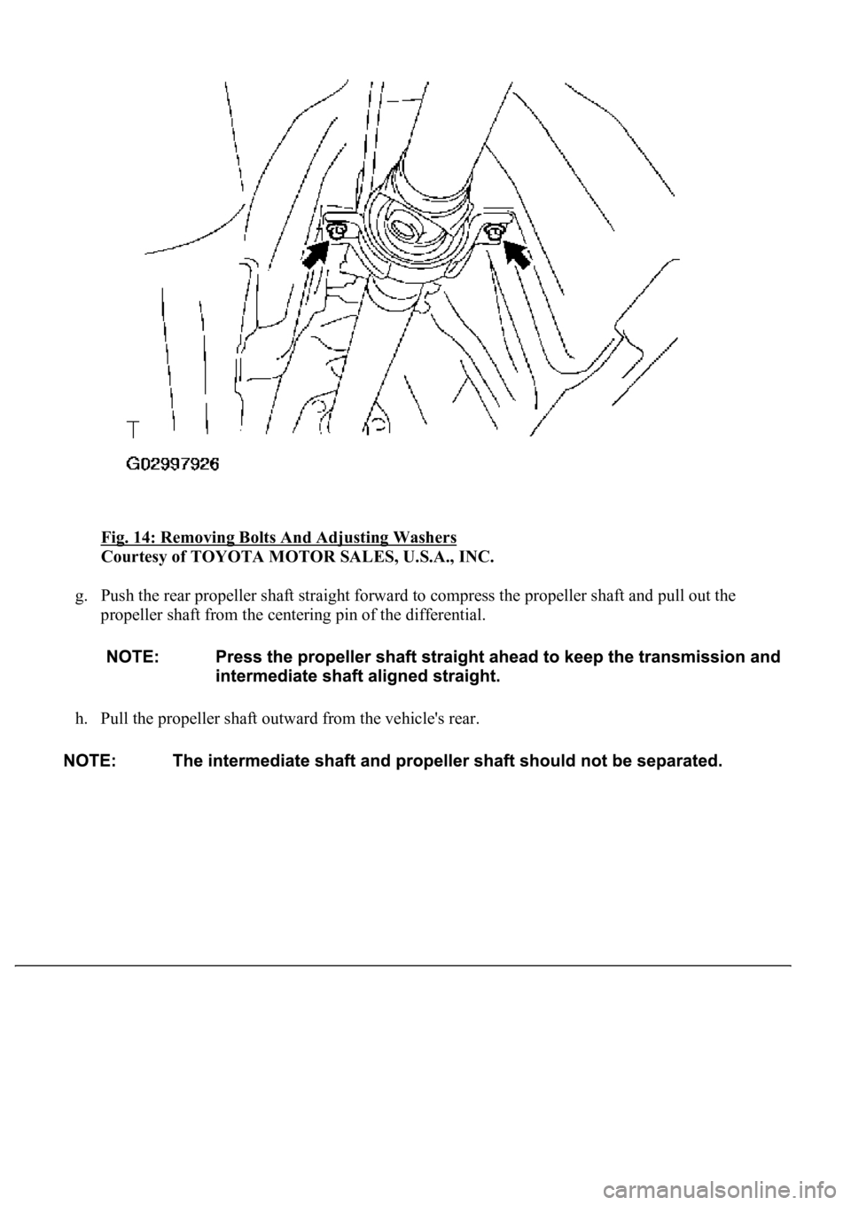 LEXUS LS430 2003  Factory Repair Manual Fig. 14: Removing Bolts And Adjusting Washers 
Courtesy of TOYOTA MOTOR SALES, U.S.A., INC. 
g. Push the rear propeller shaft straight forward to compress the propeller shaft and pull out the 
propell