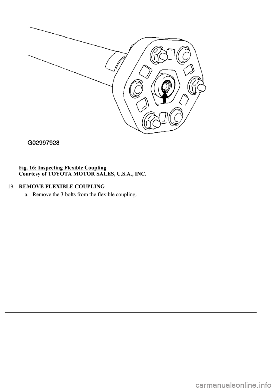 LEXUS LS430 2003  Factory Repair Manual Fig. 16: Inspecting Flexible Coupling 
Courtesy of TOYOTA MOTOR SALES, U.S.A., INC. 
19.REMOVE FLEXIBLE COUPLING 
a. Remove the 3 bolts from the flexible couplin
g.  