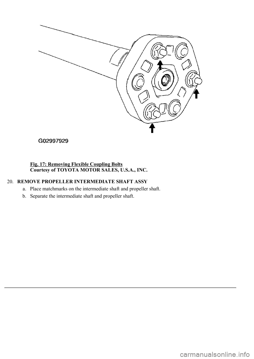 LEXUS LS430 2003  Factory Repair Manual Fig. 17: Removing Flexible Coupling Bolts 
Courtesy of TOYOTA MOTOR SALES, U.S.A., INC. 
20.REMOVE PROPELLER INTERMEDIATE SHAFT ASSY 
a. Place matchmarks on the intermediate shaft and propeller shaft.