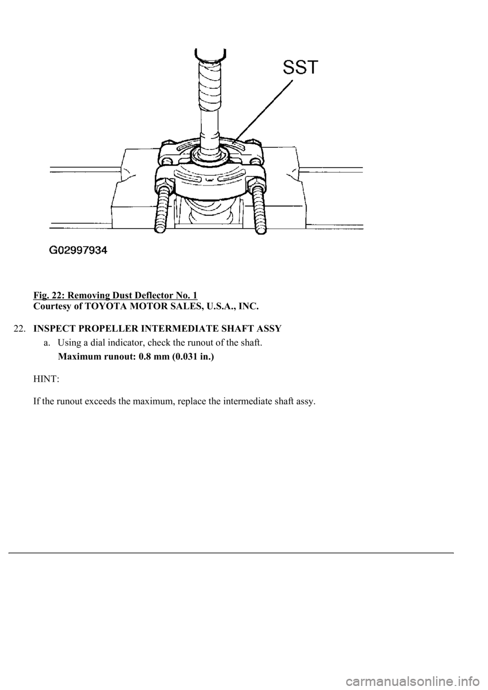 LEXUS LS430 2003  Factory Repair Manual Fig. 22: Removing Dust Deflector No. 1 
Courtesy of TOYOTA MOTOR SALES, U.S.A., INC. 
22.INSPECT PROPELLER INTERMEDIATE SHAFT ASSY 
a. Using a dial indicator, check the runout of the shaft.  
Maximum 