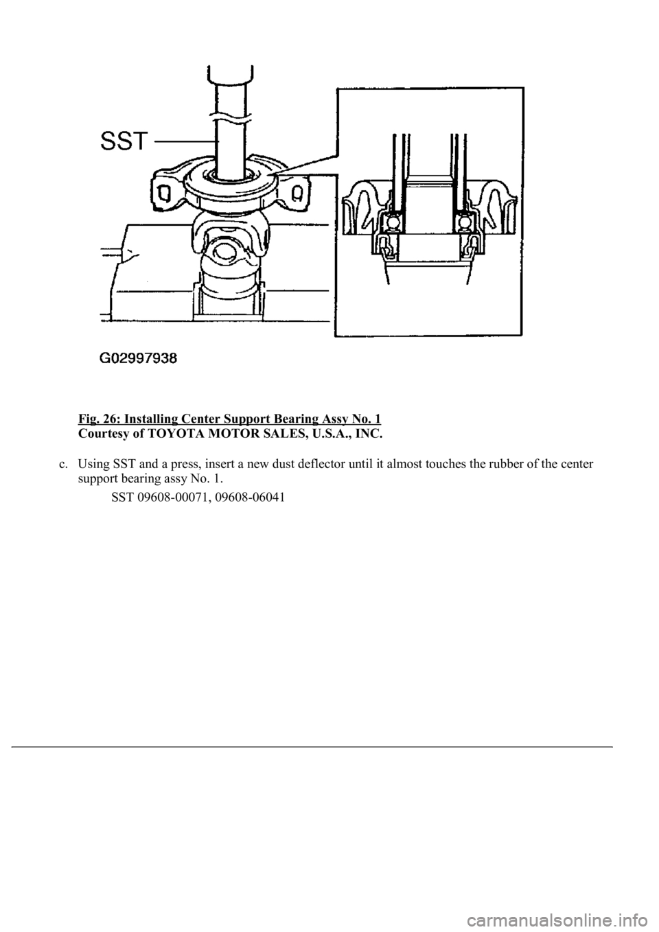 LEXUS LS430 2003  Factory Repair Manual Fig. 26: Installing Center Support Bearing Assy No. 1 
Courtesy of TOYOTA MOTOR SALES, U.S.A., INC. 
c. Using SST and a press, insert a new dust deflector until it almost touches the rubber of the cen