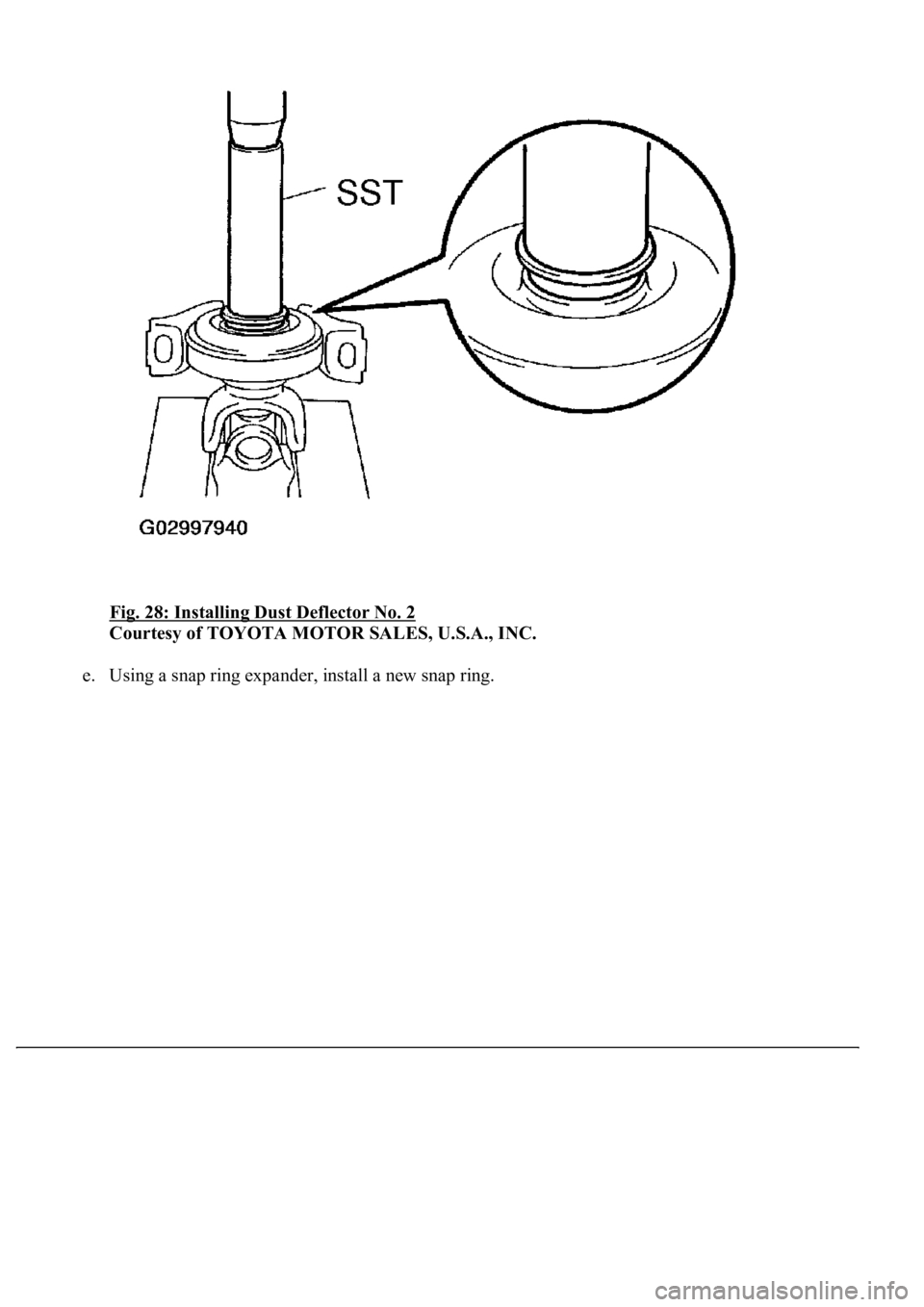 LEXUS LS430 2003  Factory Repair Manual Fig. 28: Installing Dust Deflector No. 2 
Courtesy of TOYOTA MOTOR SALES, U.S.A., INC. 
e. Using a snap ring expander, install a new snap ring.  