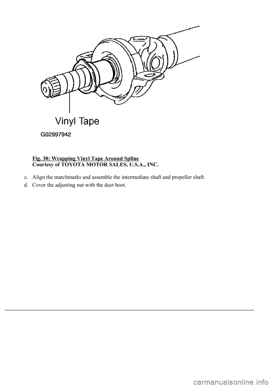 LEXUS LS430 2003  Factory Repair Manual Fig. 30: Wrapping Vinyl Tape Around Spline 
Courtesy of TOYOTA MOTOR SALES, U.S.A., INC. 
c. Align the matchmarks and assemble the intermediate shaft and propeller shaft.  
d. Cover the ad
justing nut