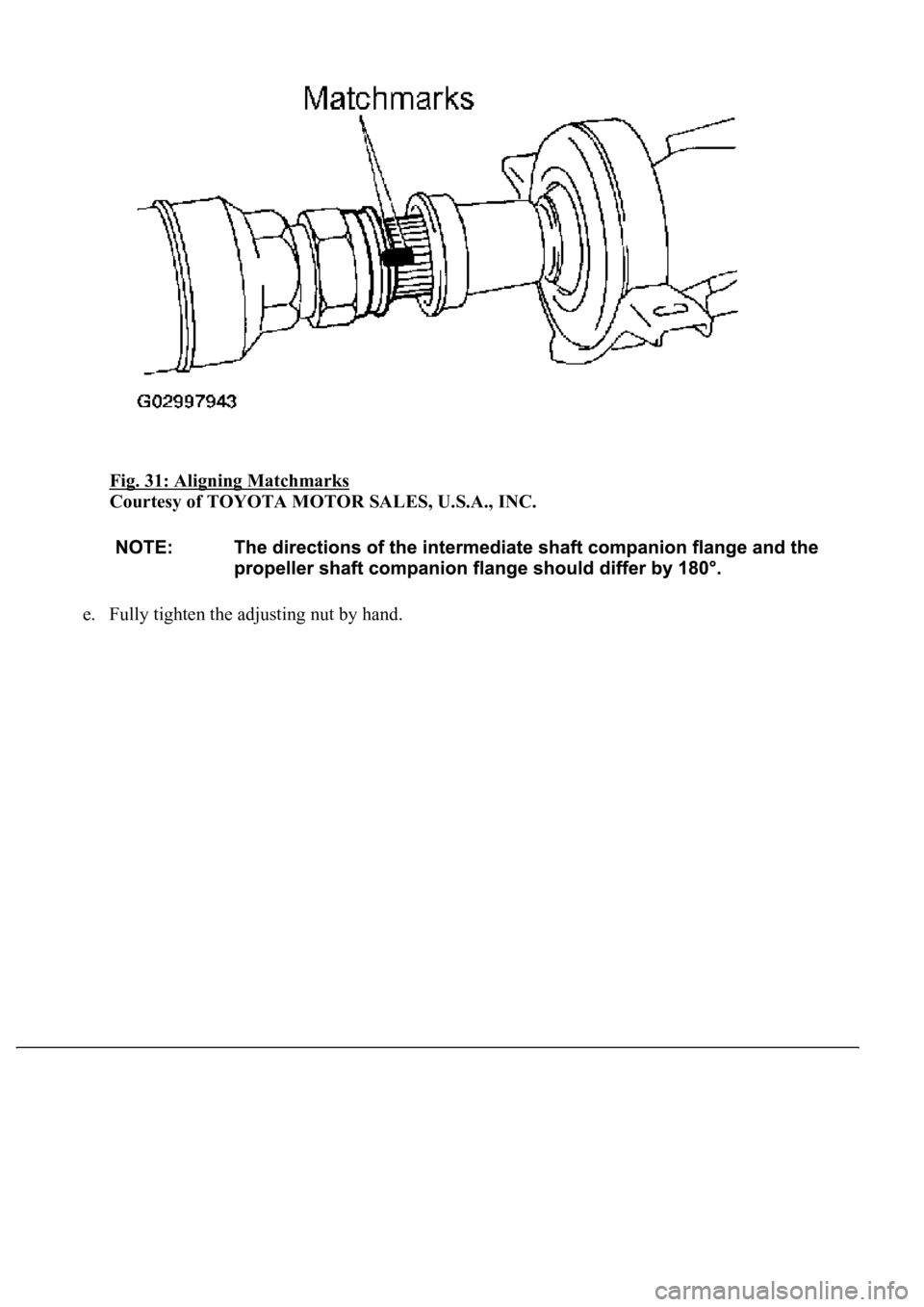 LEXUS LS430 2003  Factory Repair Manual Fig. 31: Aligning Matchmarks 
Courtesy of TOYOTA MOTOR SALES, U.S.A., INC. 
e. Fully tighten the adjusting nut by hand.  