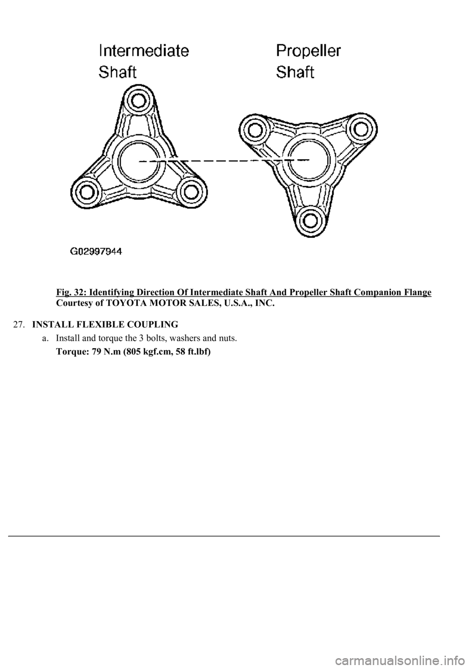 LEXUS LS430 2003  Factory Repair Manual Fig. 32: Identifying Direction Of Intermediate Shaft And Propeller Shaft Companion Flange
Courtesy of TOYOTA MOTOR SALES, U.S.A., INC. 
27.INSTALL FLEXIBLE COUPLING 
a. Install and torque the 3 bolts,