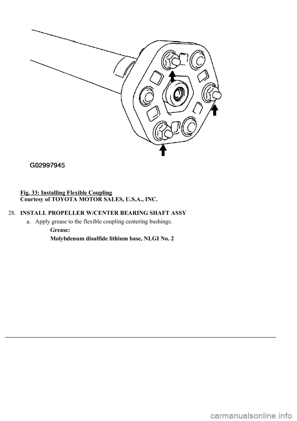 LEXUS LS430 2003  Factory Repair Manual Fig. 33: Installing Flexible Coupling 
Courtesy of TOYOTA MOTOR SALES, U.S.A., INC. 
28.INSTALL PROPELLER W/CENTER BEARING SHAFT ASSY 
a. Apply grease to the flexible coupling centering bushings. 
Gre