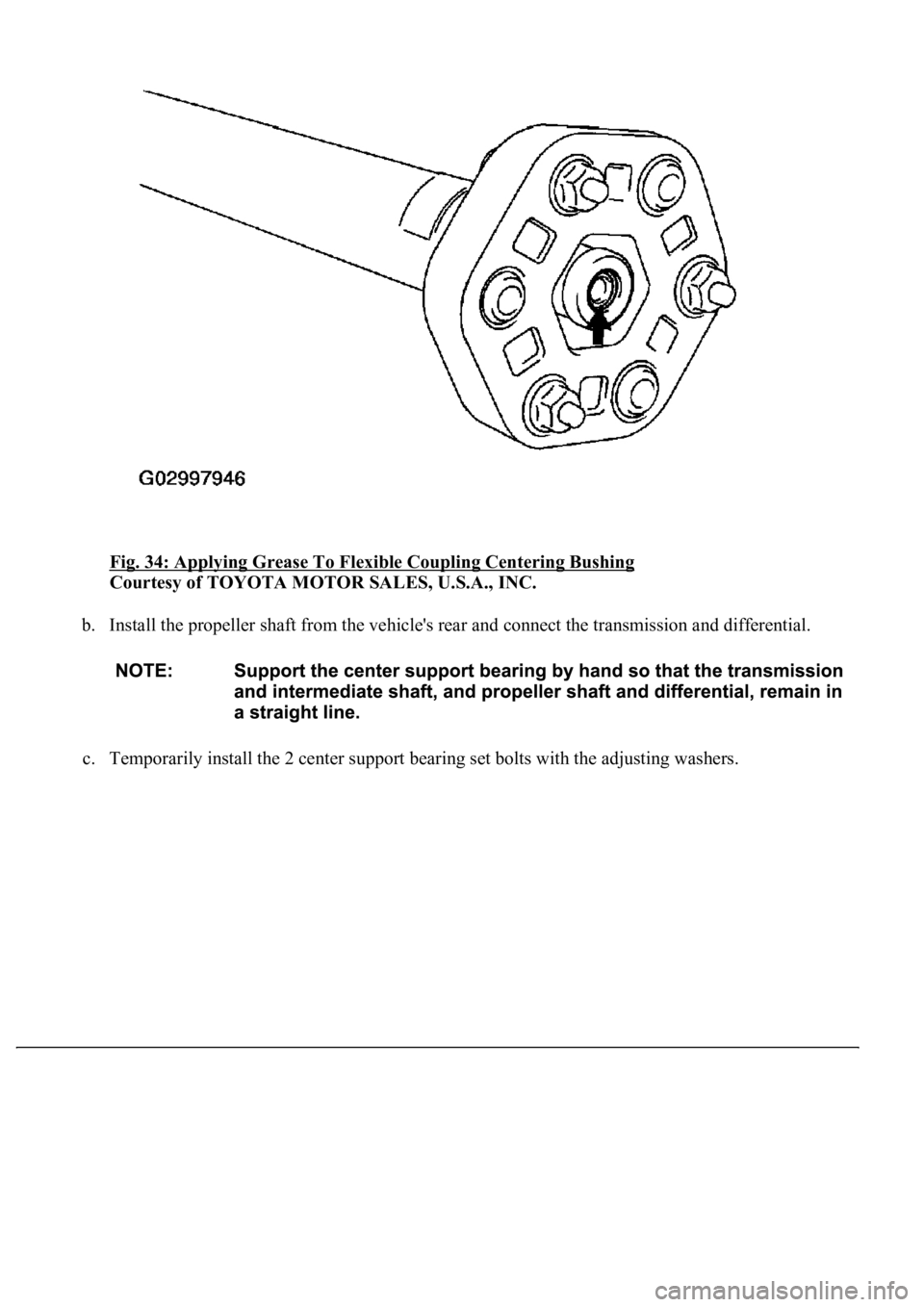 LEXUS LS430 2003  Factory Repair Manual Fig. 34: Applying Grease To Flexible Coupling Centering Bushing 
Courtesy of TOYOTA MOTOR SALES, U.S.A., INC. 
b. Install the propeller shaft from the vehicle's rear and connect the transmission a