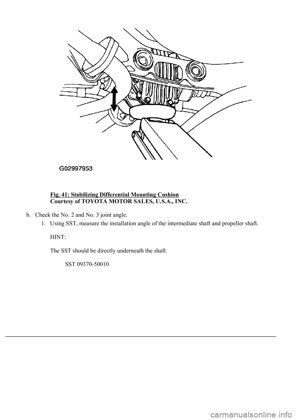 LEXUS LS430 2003  Factory Repair Manual Fig. 41: Stabilizing Differential Mounting Cushion 
Courtesy of TOYOTA MOTOR SALES, U.S.A., INC. 
b. Check the No. 2 and No. 3 joint angle. 
1. Using SST, measure the installation angle of the interme