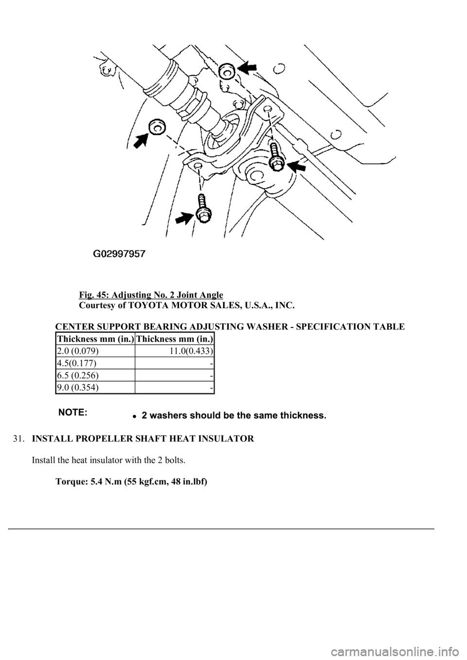 LEXUS LS430 2003  Factory Repair Manual Fig. 45: Adjusting No. 2 Joint Angle 
Courtesy of TOYOTA MOTOR SALES, U.S.A., INC. 
CENTER SUPPORT BEARING ADJUSTING WASHER - SPECIFICATION TABLE 
31.INSTALL PROPELLER SHAFT HEAT INSULATOR 
Install th