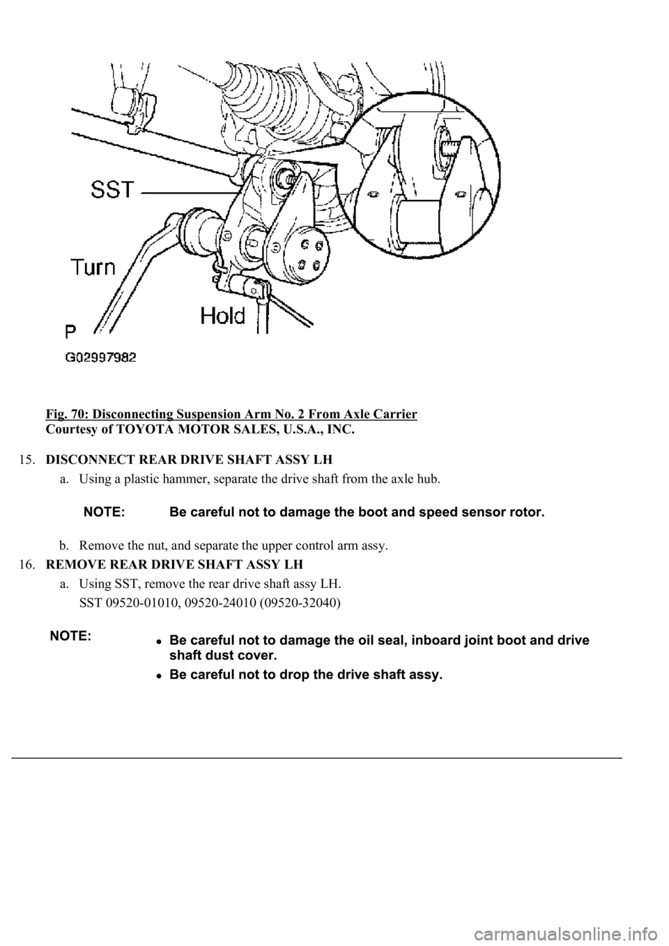 LEXUS LS430 2003  Factory Repair Manual Fig. 70: Disconnecting Suspension Arm No. 2 From Axle Carrier 
Courtesy of TOYOTA MOTOR SALES, U.S.A., INC. 
15.DISCONNECT REAR DRIVE SHAFT ASSY LH 
a. Using a plastic hammer, separate the drive shaft