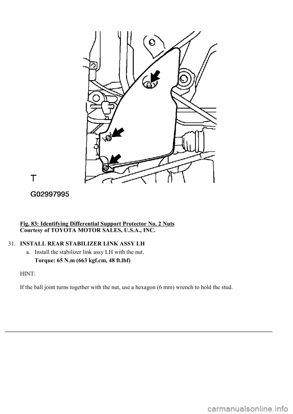 LEXUS LS430 2003  Factory Repair Manual Fig. 83: Identifying Differential Support Protector No. 2 Nuts 
Courtesy of TOYOTA MOTOR SALES, U.S.A., INC. 
31.INSTALL REAR STABILIZER LINK ASSY LH 
a. Install the stabilizer link assy LH with the n