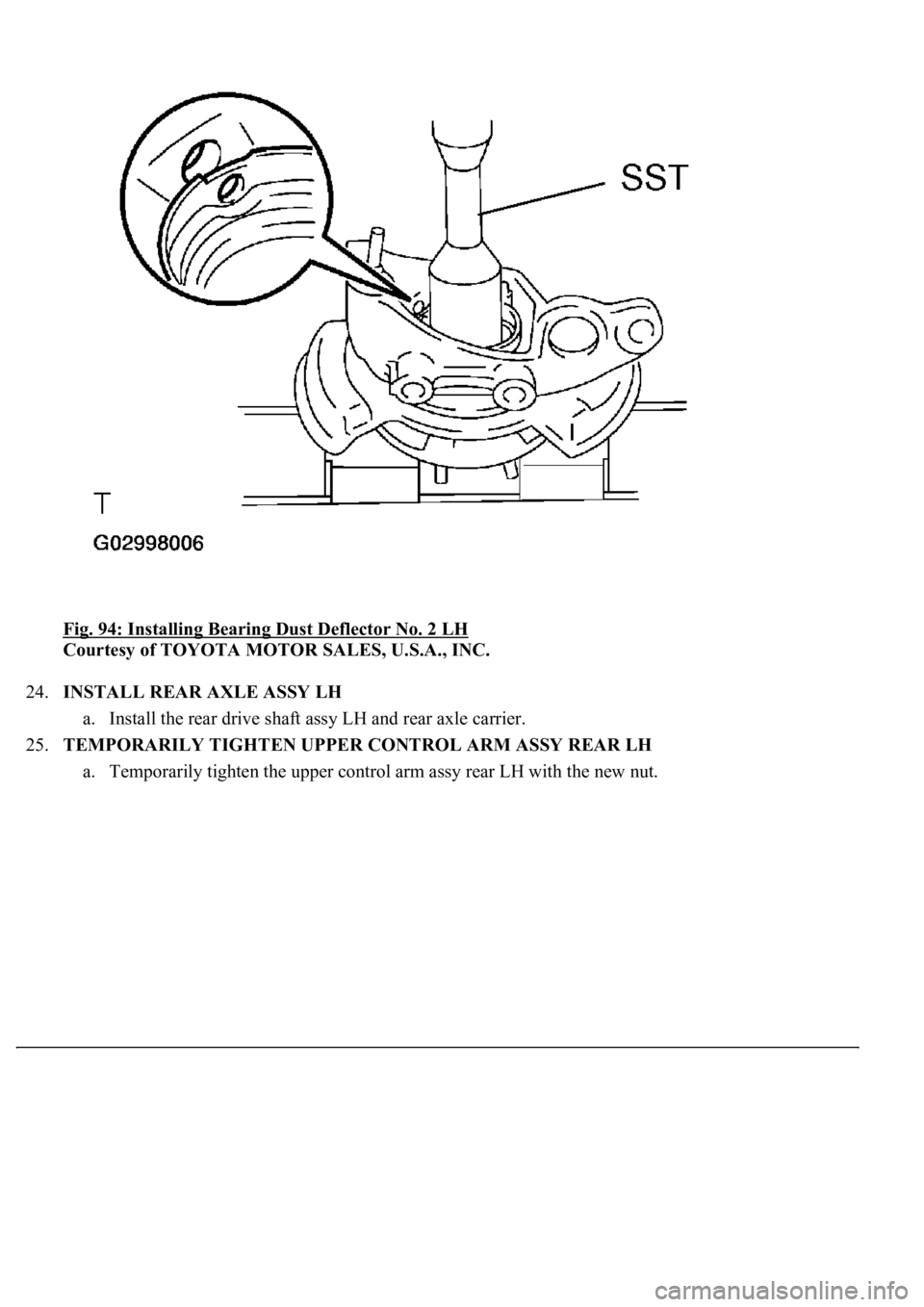 LEXUS LS430 2003  Factory Repair Manual Fig. 94: Installing Bearing Dust Deflector No. 2 LH 
Courtesy of TOYOTA MOTOR SALES, U.S.A., INC. 
24.INSTALL REAR AXLE ASSY LH 
a. Install the rear drive shaft assy LH and rear axle carrier.  
25.TEM
