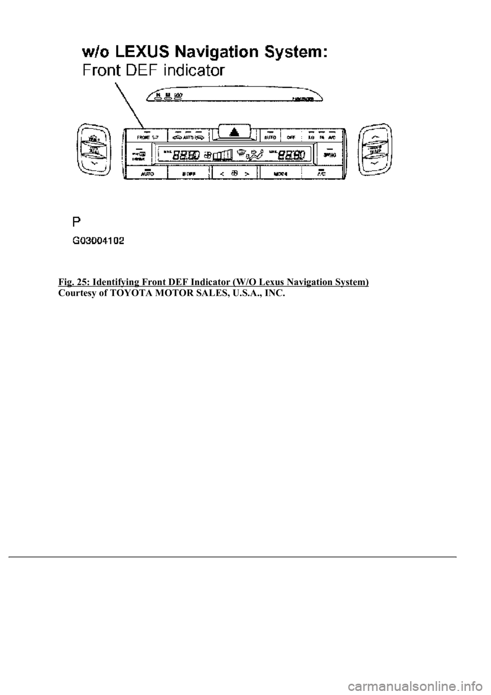 LEXUS LS430 2003  Factory Repair Manual Fig. 25: Identifying Front DEF Indicator (W/O Lexus Navigation System) 
Courtesy of TOYOTA MOTOR SALES, U.S.A., INC. 