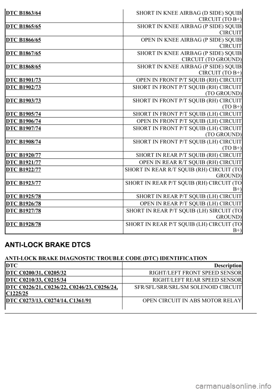 LEXUS LS430 2003 Factory Repair Manual ANTI-LOCK BRAKE DIAGNOSTIC TROUBLE CODE (DTC) IDENTIFICATION
DTC B1863/64 SHORT IN KNEE AIRBAG (D SIDE) SQUIB
CIRCUIT (TO B+)
DTC B1865/65 SHORT IN KNEE AIRBAG (P SIDE) SQUIB
CIRCUIT
DTC B1866/65 O LEXUS LS430 2003 Factory Repair Manual ANTI-LOCK BRAKE DIAGNOSTIC TROUBLE CODE (DTC) IDENTIFICATION
DTC B1863/64 SHORT IN KNEE AIRBAG (D SIDE) SQUIB
CIRCUIT (TO B+)
DTC B1865/65 SHORT IN KNEE AIRBAG (P SIDE) SQUIB
CIRCUIT
DTC B1866/65 O