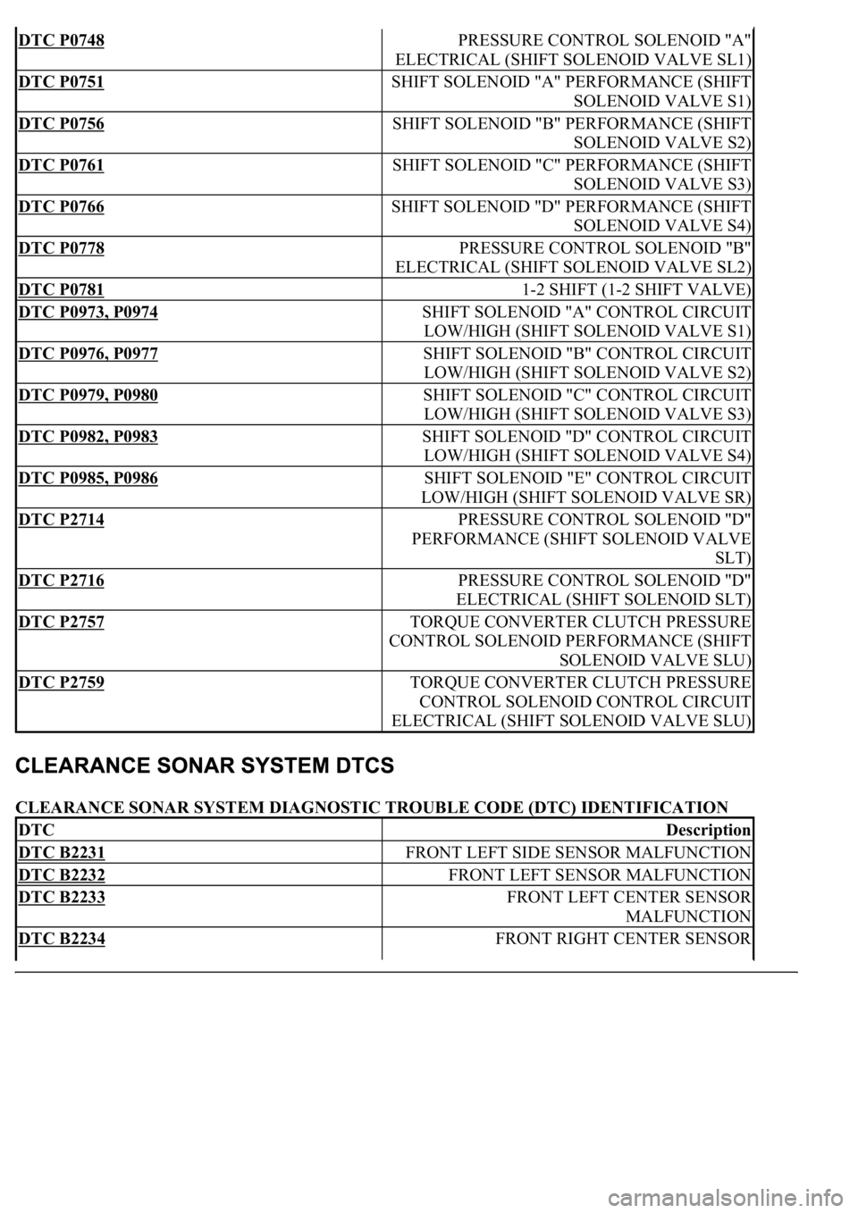 LEXUS LS430 2003 Factory Repair Manual CLEARANCE SONAR SYSTEM DIAGNOSTIC TROUBLE CODE (DTC) IDENTIFICATION
DTC P0748 PRESSURE CONTROL SOLENOID "A"
ELECTRICAL (SHIFT SOLENOID VALVE SL1)
DTC P0751 SHIFT SOLENOID "A" PERFORM LEXUS LS430 2003 Factory Repair Manual CLEARANCE SONAR SYSTEM DIAGNOSTIC TROUBLE CODE (DTC) IDENTIFICATION
DTC P0748 PRESSURE CONTROL SOLENOID "A"
ELECTRICAL (SHIFT SOLENOID VALVE SL1)
DTC P0751 SHIFT SOLENOID "A" PERFORM