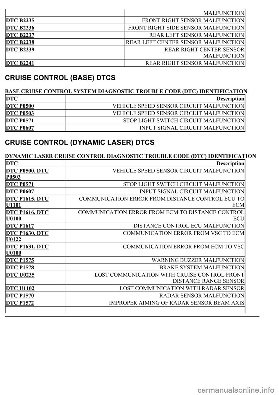 LEXUS LS430 2003 Factory Repair Manual BASE CRUISE CONTROL SYSTEM DIAGNOSTIC TROUBLE CODE (DTC) IDENTIFICATION
DYNAMIC LASER CRUISE CONTROL DIAGNOSTIC TROUBLE CODE (DTC) IDENTIFICATION
MALFUNCTION
DTC B2235 FRONT RIGHT SENSOR MALFUNCTION
LEXUS LS430 2003 Factory Repair Manual BASE CRUISE CONTROL SYSTEM DIAGNOSTIC TROUBLE CODE (DTC) IDENTIFICATION
DYNAMIC LASER CRUISE CONTROL DIAGNOSTIC TROUBLE CODE (DTC) IDENTIFICATION
MALFUNCTION
DTC B2235 FRONT RIGHT SENSOR MALFUNCTION