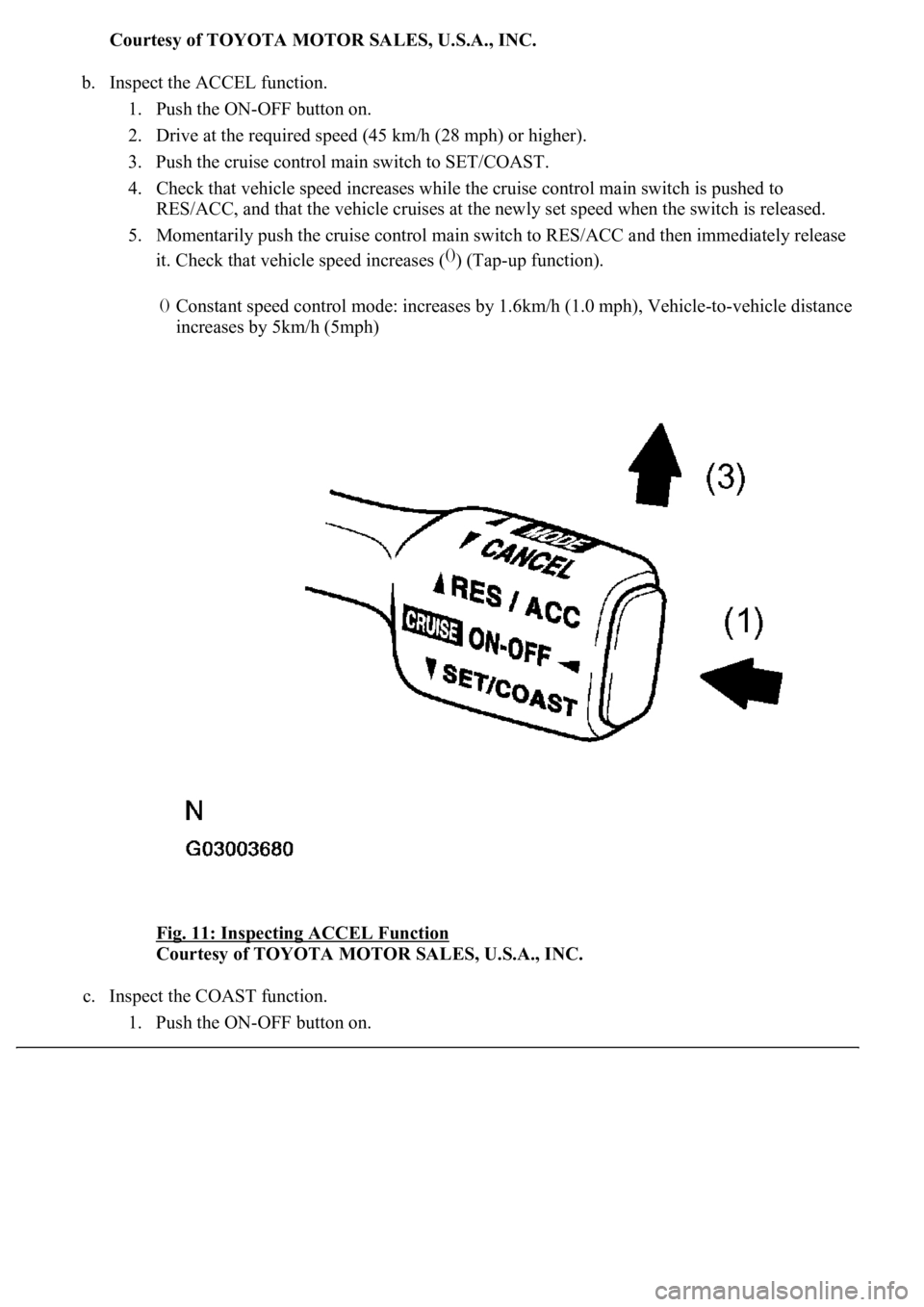 LEXUS LS430 2003  Factory Repair Manual Courtesy of TOYOTA MOTOR SALES, U.S.A., INC.
b. Inspect the ACCEL function. 
1. Push the ON-OFF button on.  
2. Drive at the required speed (45 km/h (28 mph) or higher).  
3. Push the cruise control m