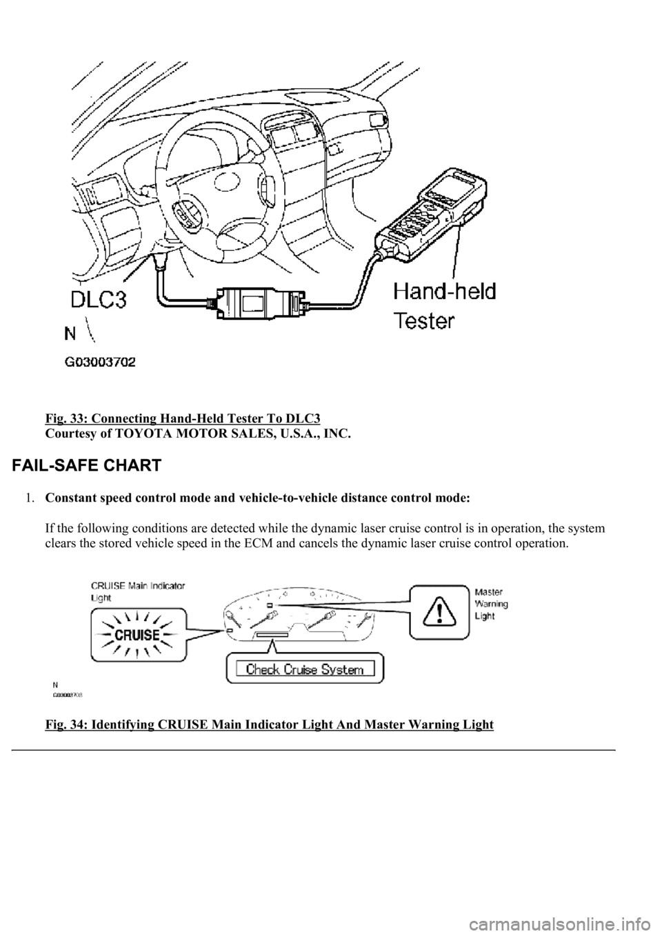 LEXUS LS430 2003  Factory Repair Manual Fig. 33: Connecting Hand-Held Tester To DLC3 
Courtesy of TOYOTA MOTOR SALES, U.S.A., INC. 
1.Constant speed control mode and vehicle-to-vehicle distance control mode: 
If the following conditions are