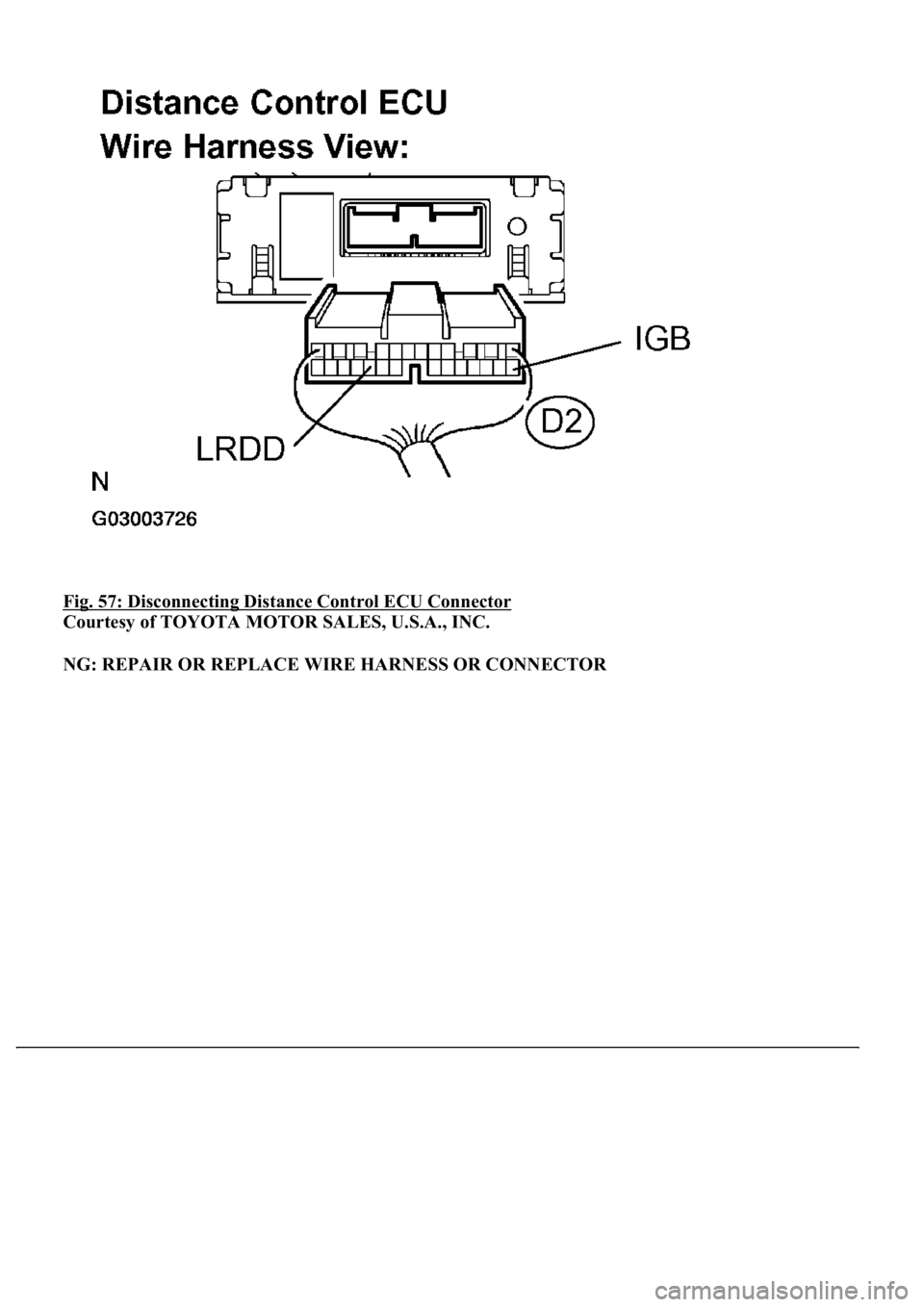LEXUS LS430 2003  Factory Repair Manual Fig. 57: Disconnecting Distance Control ECU Connector 
Courtesy of TOYOTA MOTOR SALES, U.S.A., INC. 
NG: REPAIR OR REPLACE WIRE HARNESS OR CONNECTOR 