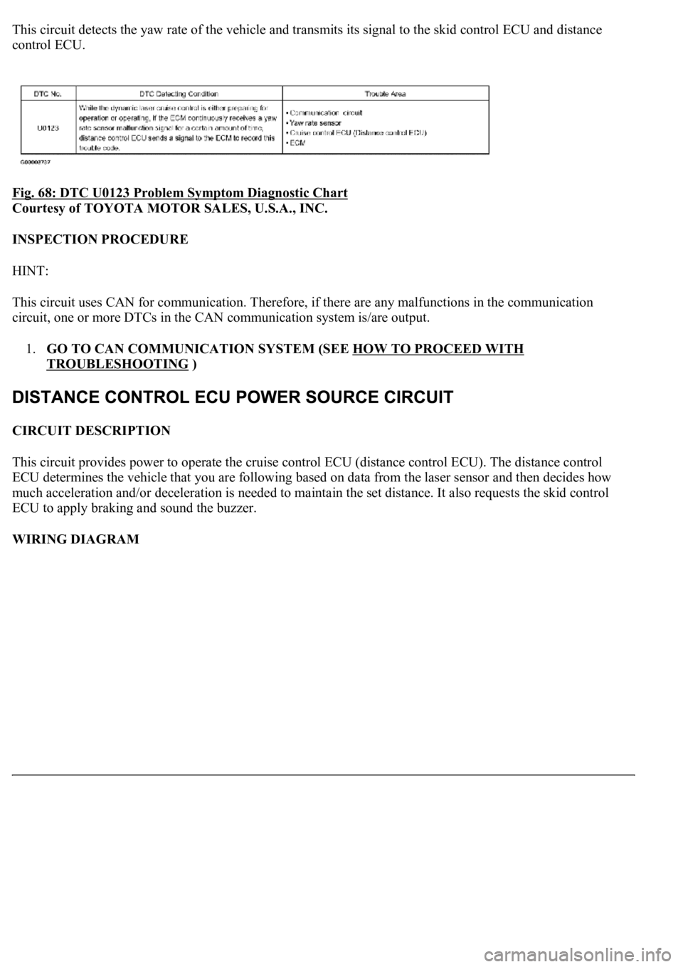 LEXUS LS430 2003 Factory Repair Manual This circuit detects the yaw rate of the vehicle and transmits its signal to the skid control ECU and distance
control ECU.
Fig. 68: DTC U0123 Problem Symptom Diagnostic Chart
Courtesy of TOYOTA M LEXUS LS430 2003 Factory Repair Manual This circuit detects the yaw rate of the vehicle and transmits its signal to the skid control ECU and distance
control ECU.
Fig. 68: DTC U0123 Problem Symptom Diagnostic Chart
Courtesy of TOYOTA M