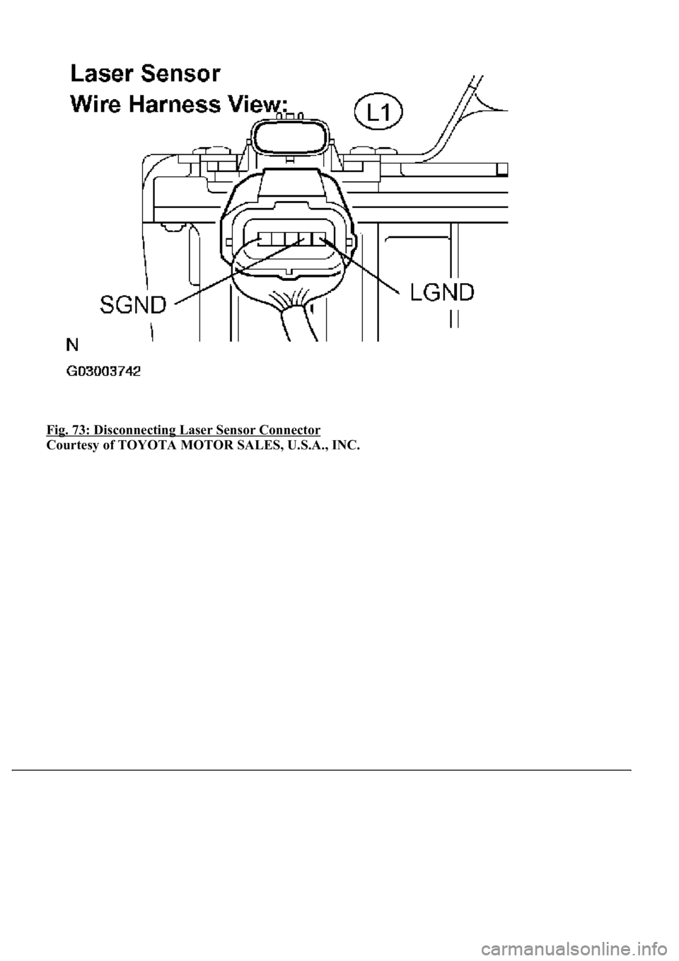 LEXUS LS430 2003 Factory Repair Manual Fig. 73: Disconnecting Laser Sensor Connector
Courtesy of TOYOTA MOTOR SALES, U.S.A., INC. LEXUS LS430 2003 Factory Repair Manual Fig. 73: Disconnecting Laser Sensor Connector
Courtesy of TOYOTA MOTOR SALES, U.S.A., INC.
