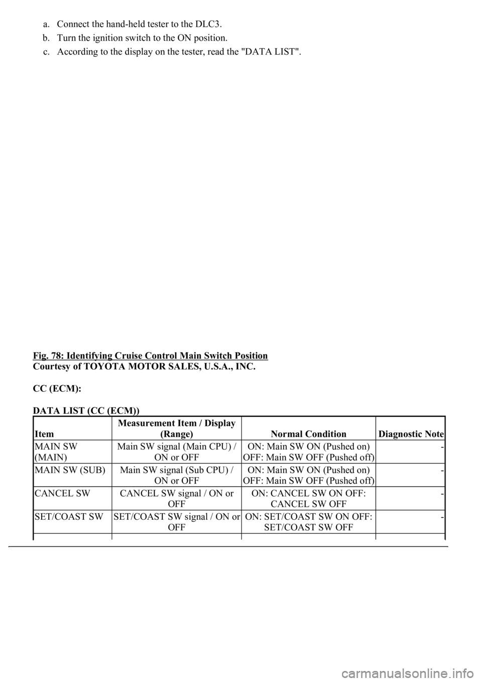 LEXUS LS430 2003  Factory Repair Manual a. Connect the hand-held tester to the DLC3.  
b. Turn the ignition switch to the ON position.  
c. According to the display on the tester, read the "DATA LIST".  
Fig. 78: Identifying Cruise 