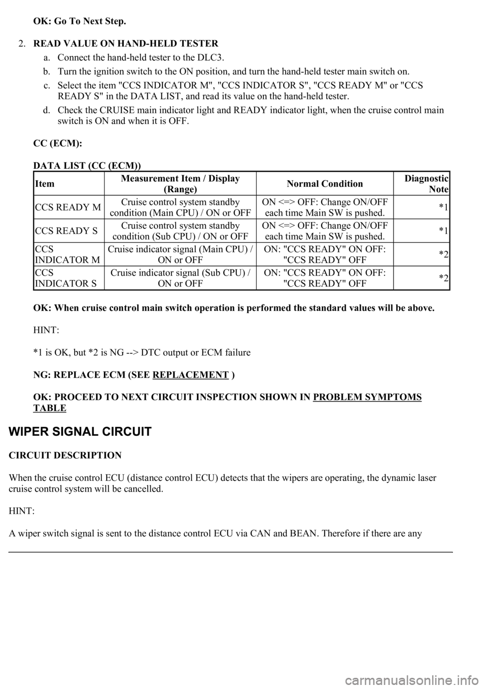 LEXUS LS430 2003  Factory Repair Manual OK: Go To Next Step. 
2.READ VALUE ON HAND-HELD TESTER 
a. Connect the hand-held tester to the DLC3.  
b. Turn the ignition switch to the ON position, and turn the hand-held tester main switch on.  
c