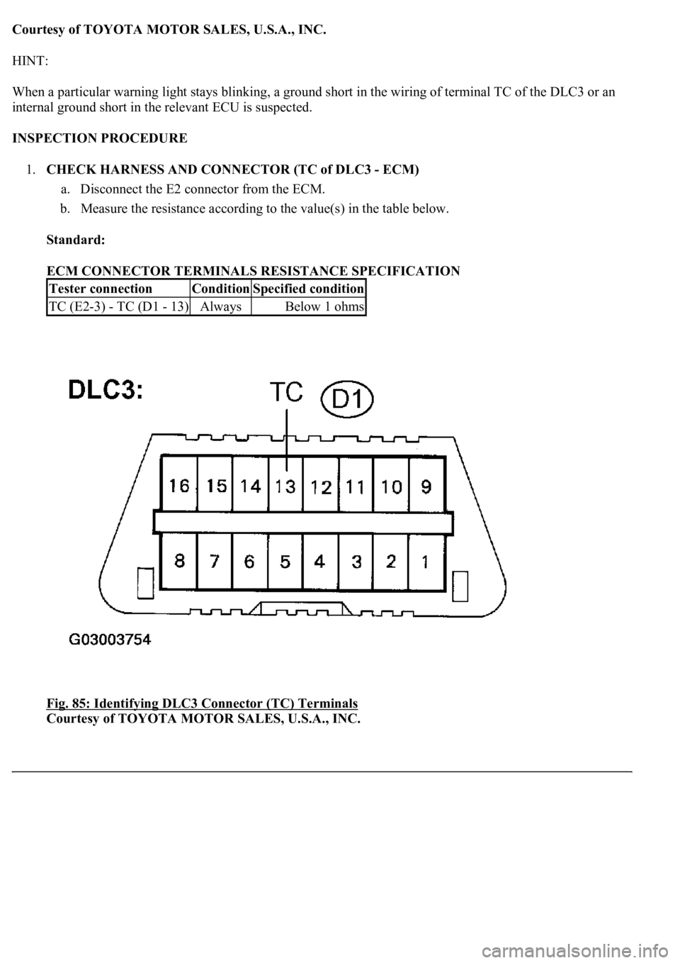 LEXUS LS430 2003  Factory Repair Manual Courtesy of TOYOTA MOTOR SALES, U.S.A., INC.
HINT: 
When a particular warning light stays blinking, a ground short in the wiring of terminal TC of the DLC3 or an 
internal ground short in the relevant