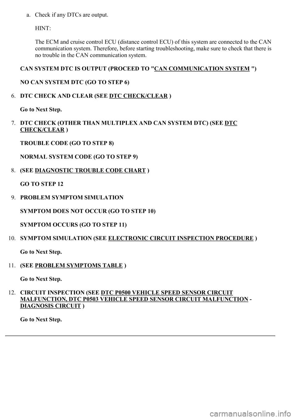 LEXUS LS430 2003 Factory Repair Manual a. Check if any DTCs are output.
HINT:
The ECM and cruise control ECU (distance control ECU) of this system are connected to the CAN
communication system. Therefore, before starting troubleshooting LEXUS LS430 2003 Factory Repair Manual a. Check if any DTCs are output.
HINT:
The ECM and cruise control ECU (distance control ECU) of this system are connected to the CAN
communication system. Therefore, before starting troubleshooting