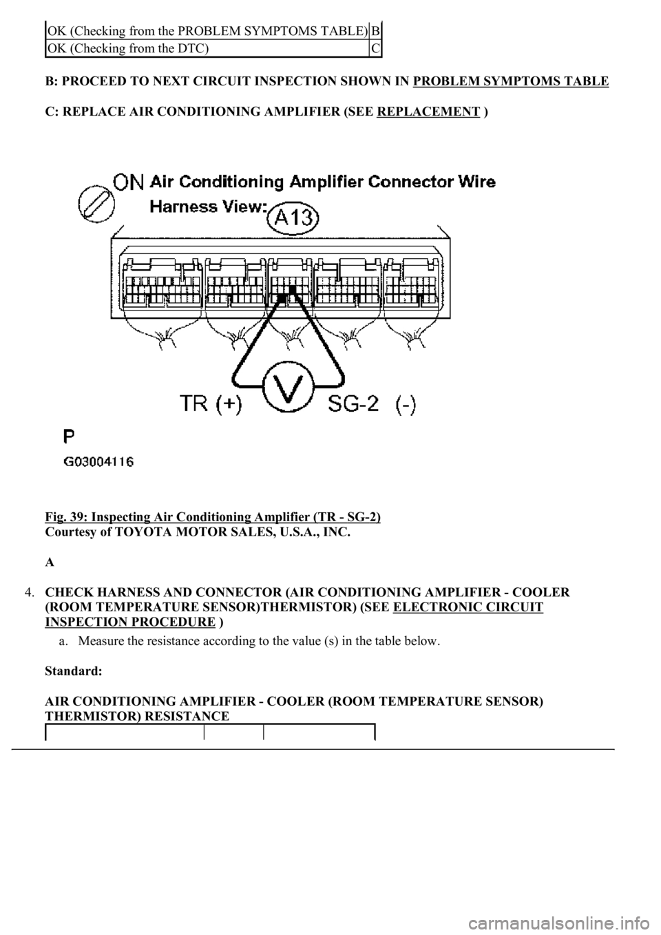 LEXUS LS430 2003 Factory Owners Manual B: PROCEED TO NEXT CIRCUIT INSPECTION SHOWN IN PROBLEM SYMPTOMS TABLE
C: REPLACE AIR CONDITIONING AMPLIFIER (SEE REPLACEMENT )
Fig. 39: Inspecting Air Conditioning Amplifier (TR
- SG-2)
Courtesy o LEXUS LS430 2003 Factory Owners Manual B: PROCEED TO NEXT CIRCUIT INSPECTION SHOWN IN PROBLEM SYMPTOMS TABLE
C: REPLACE AIR CONDITIONING AMPLIFIER (SEE REPLACEMENT )
Fig. 39: Inspecting Air Conditioning Amplifier (TR
- SG-2)
Courtesy o